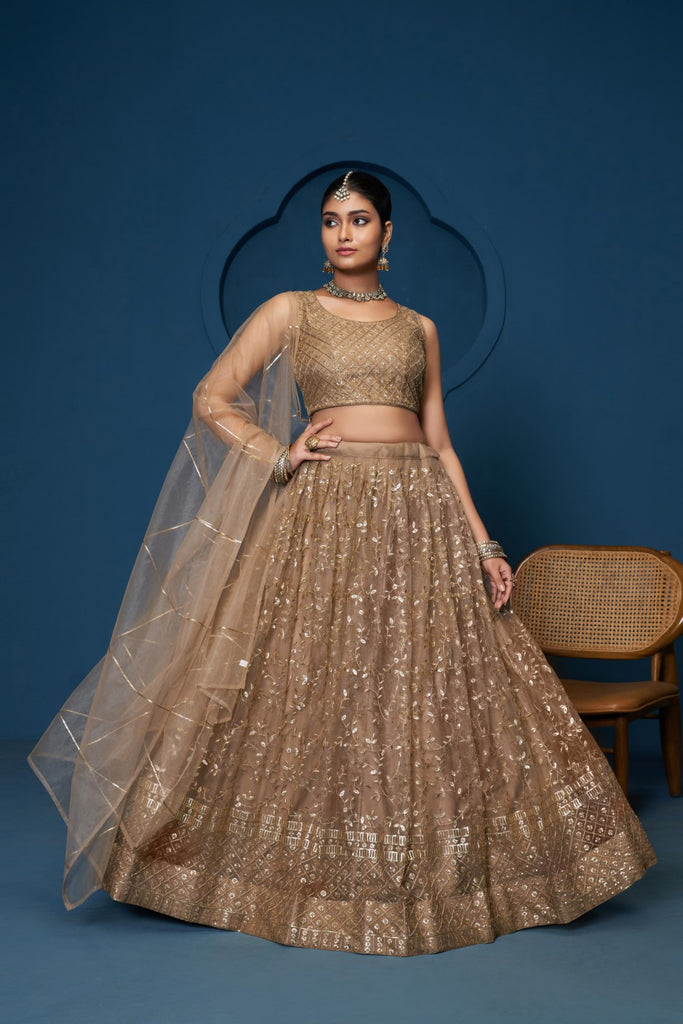 Women's Brown Soft Net Embroidered Lehenga Set