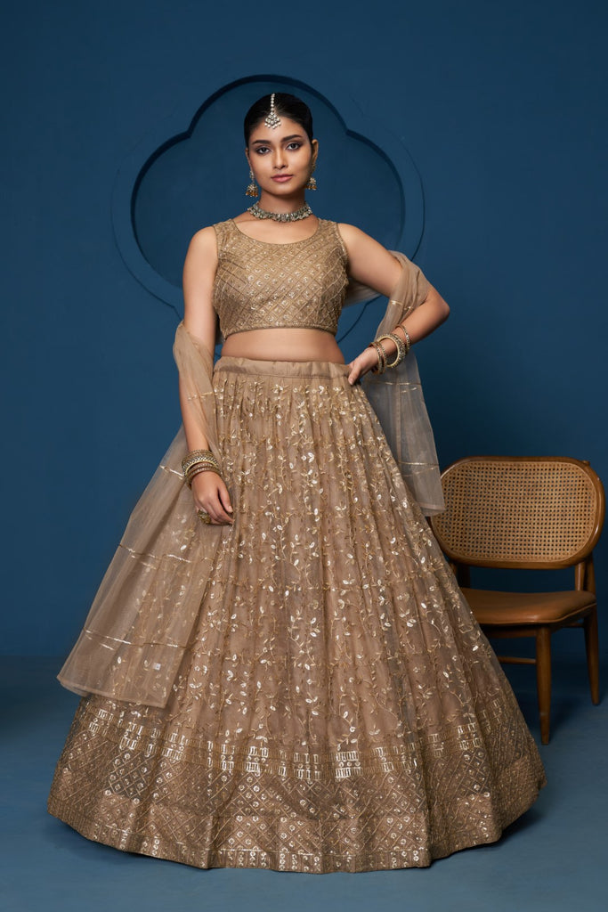 Women's Brown Soft Net Embroidered Lehenga Set