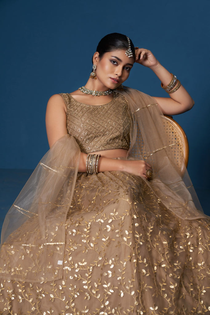 Women's Brown Soft Net Embroidered Lehenga Set