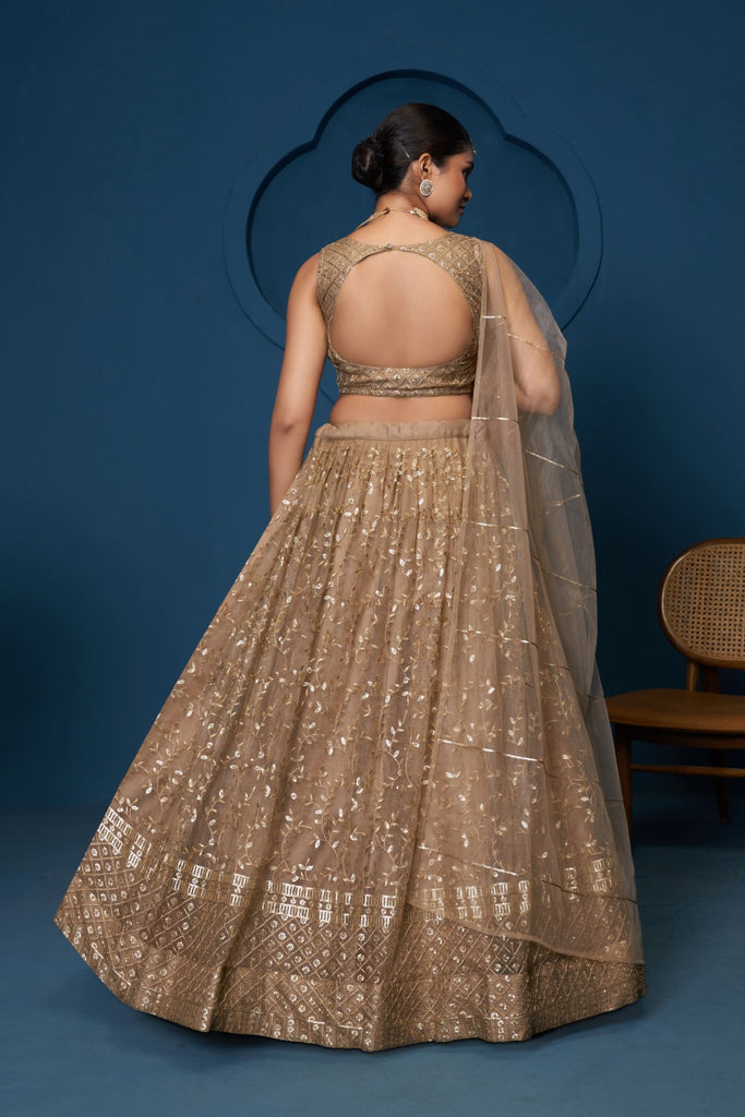 Women's Brown Soft Net Embroidered Lehenga Set