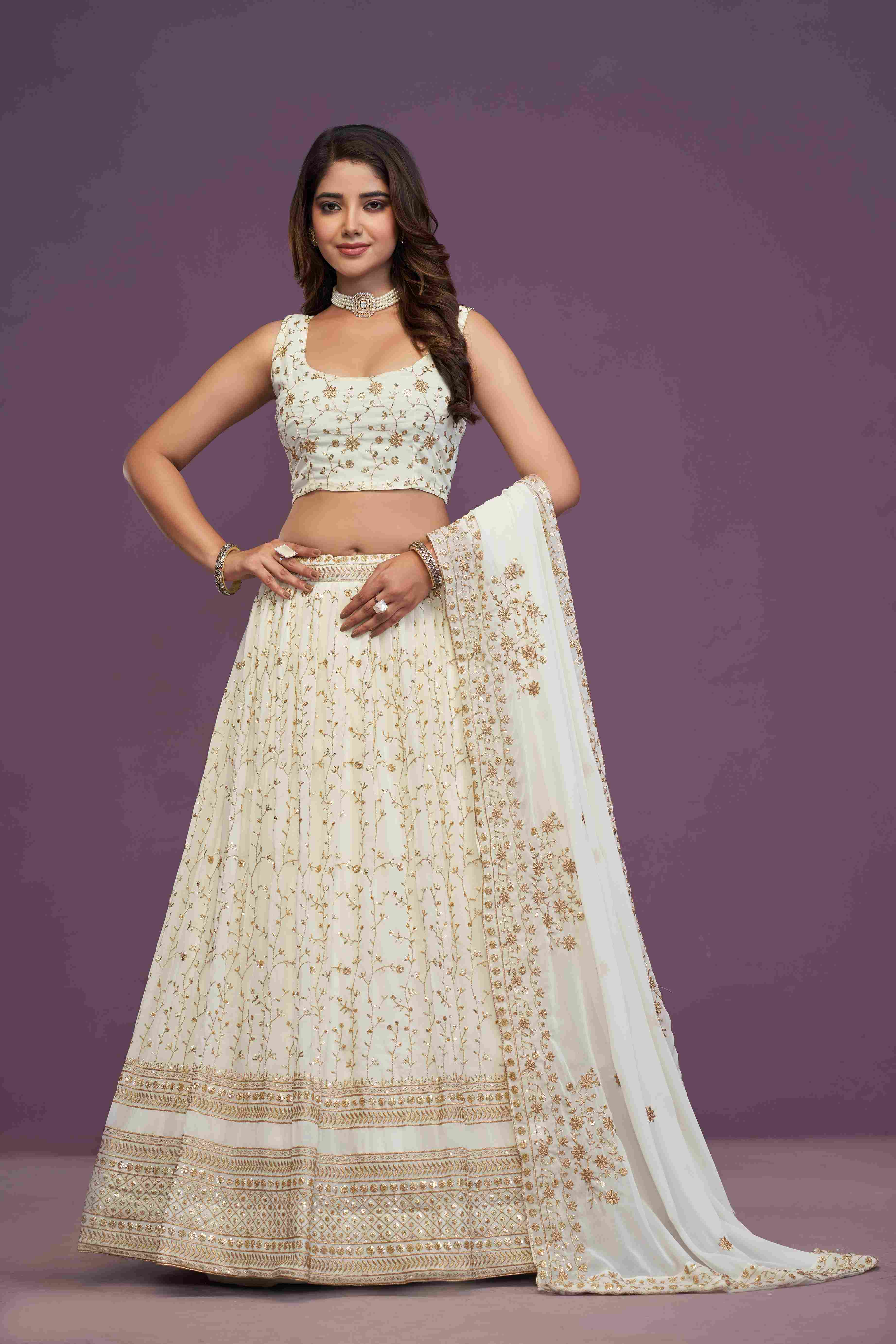 Women's White Georgette Embroidered Lehenga Set - Jihu Culture