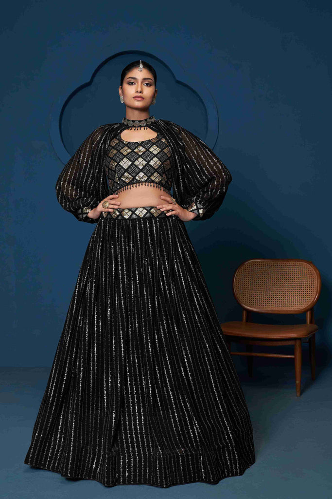 Women's Black Georgette Embroidered Lehenga Set