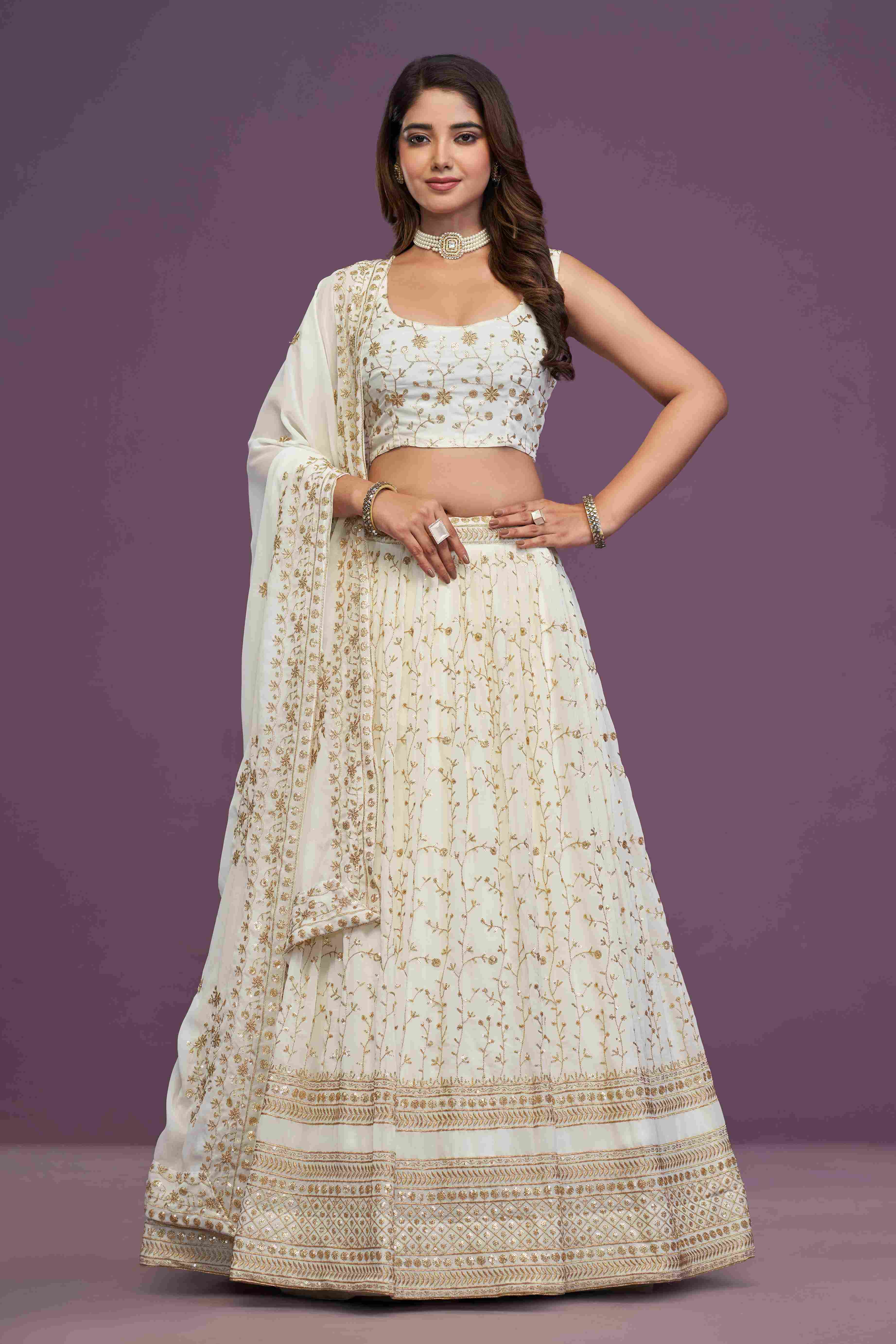 Women's White Georgette Embroidered Lehenga Set