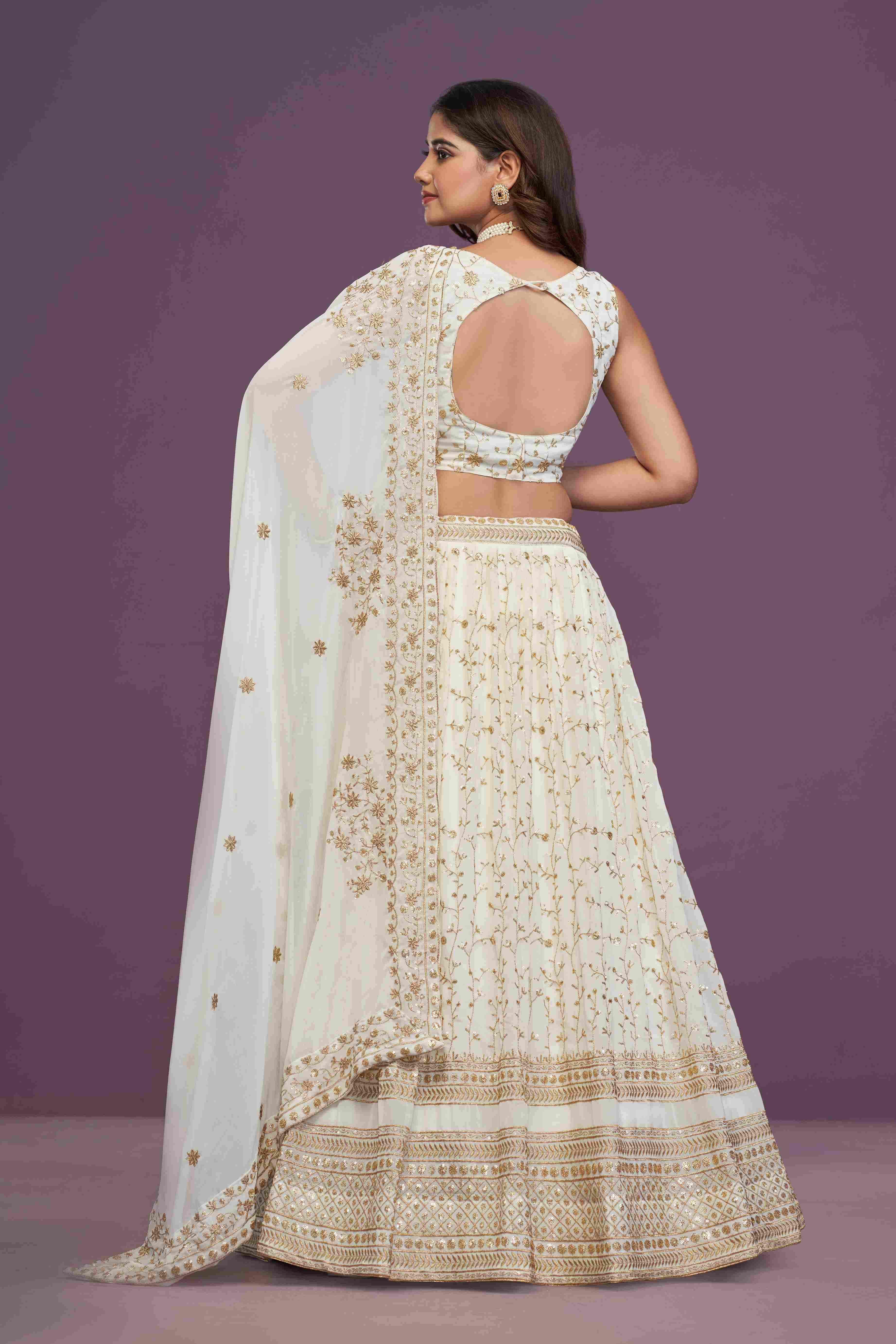 Women's White Georgette Embroidered Lehenga Set - Jihu Culture