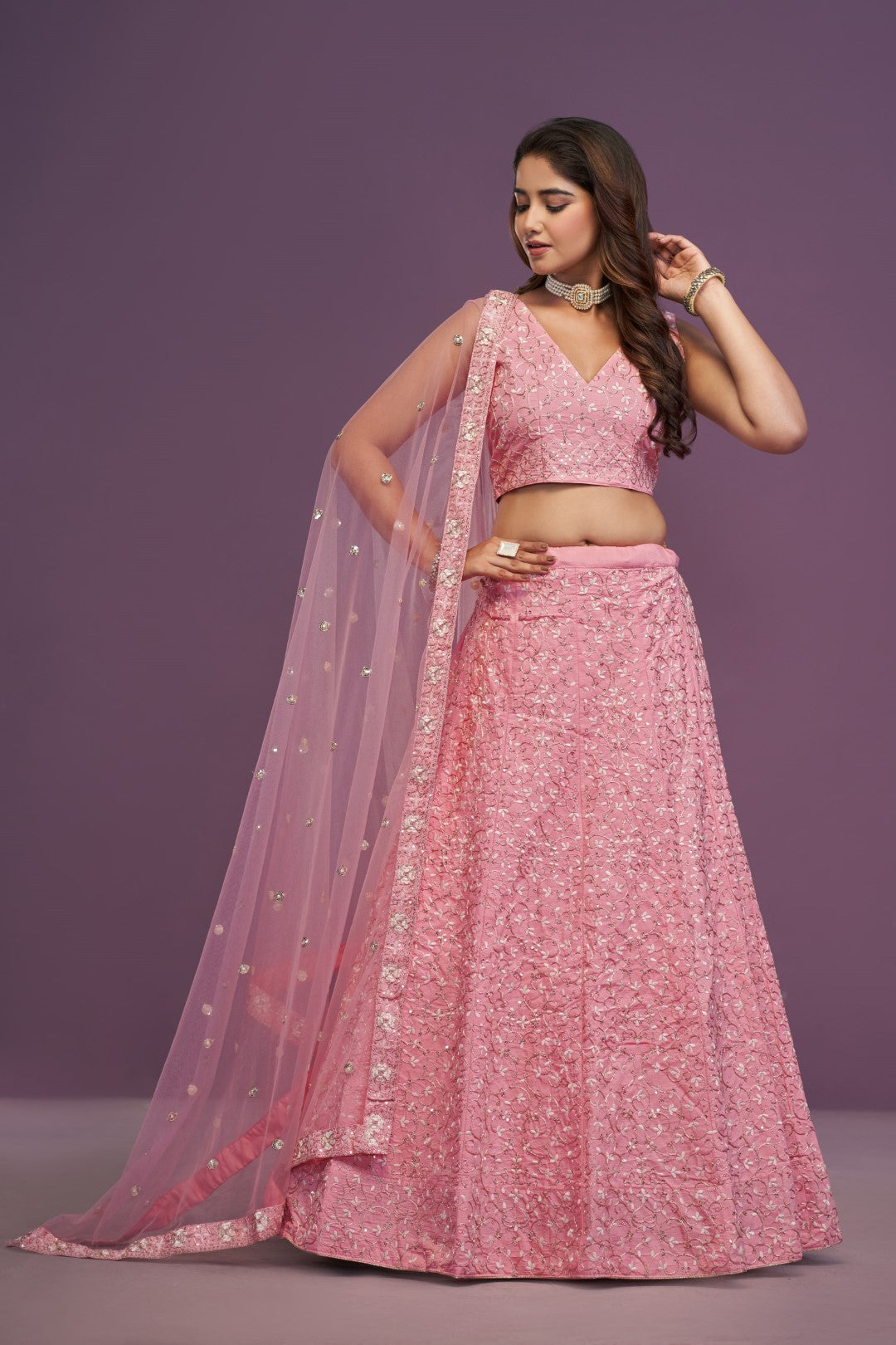 Women's Pink Silk Embroidered Lehenga Set - Jihu Culture