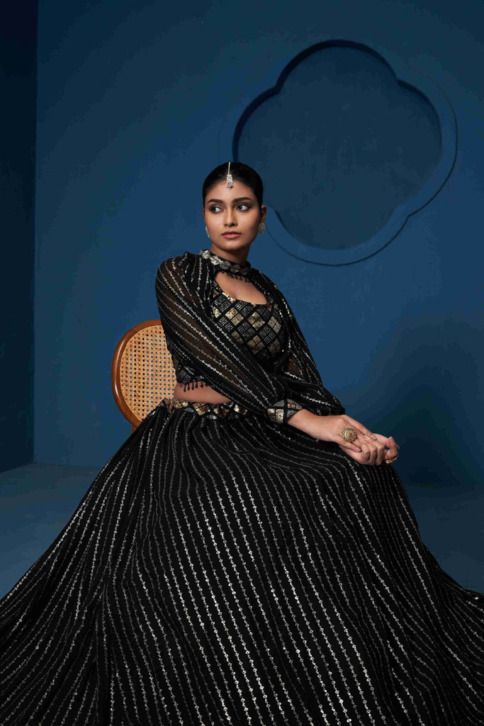 Women's Black Georgette Embroidered Lehenga Set