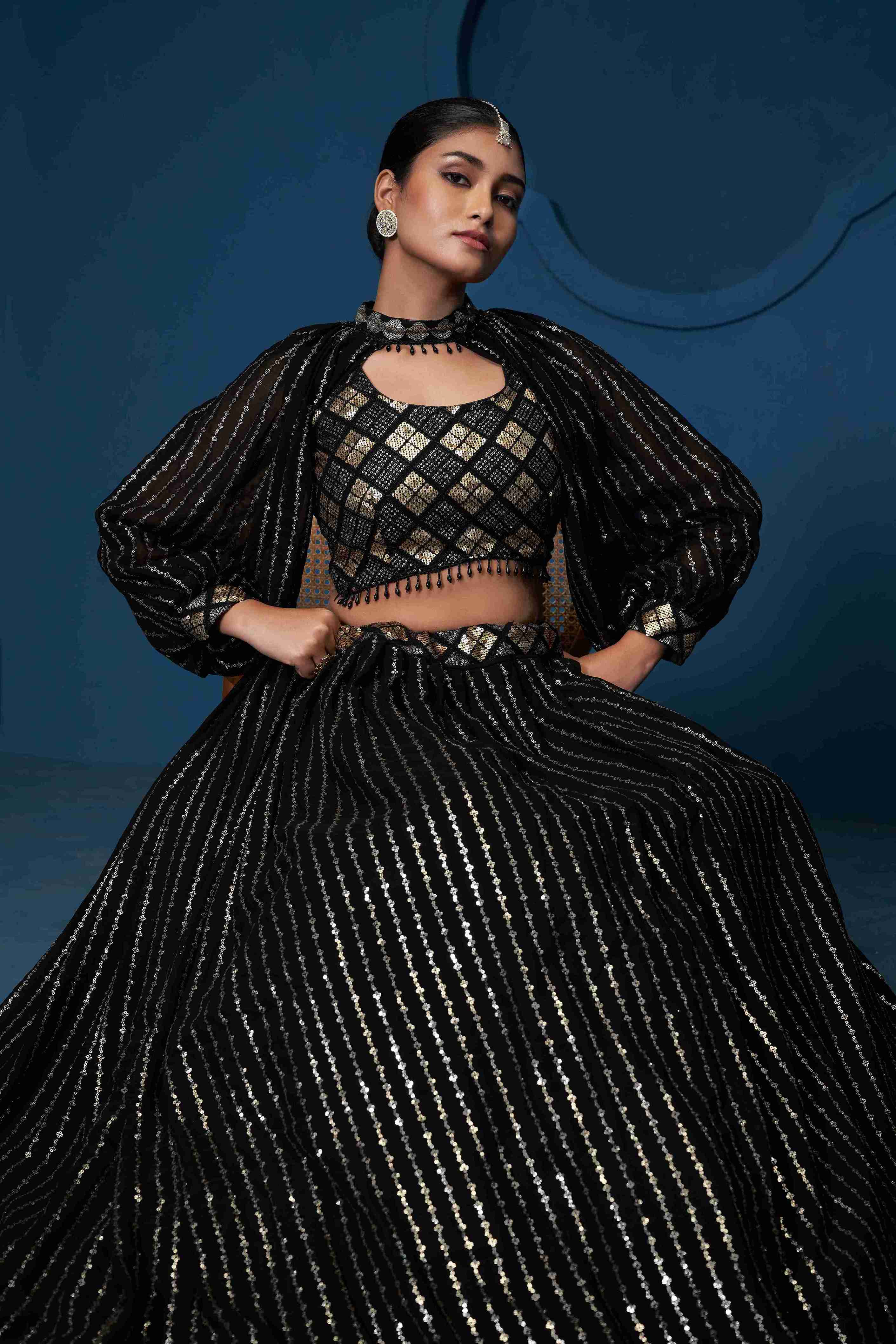 Women's Black Georgette Embroidered Lehenga Set - Jihu Culture