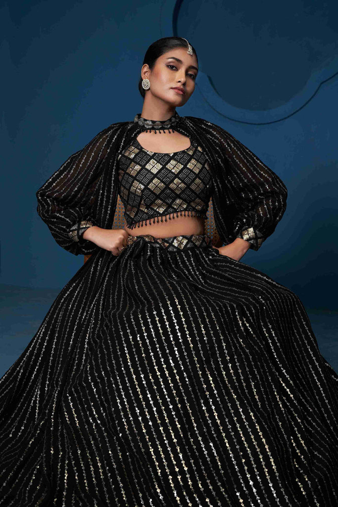 Women's Black Georgette Embroidered Lehenga Set