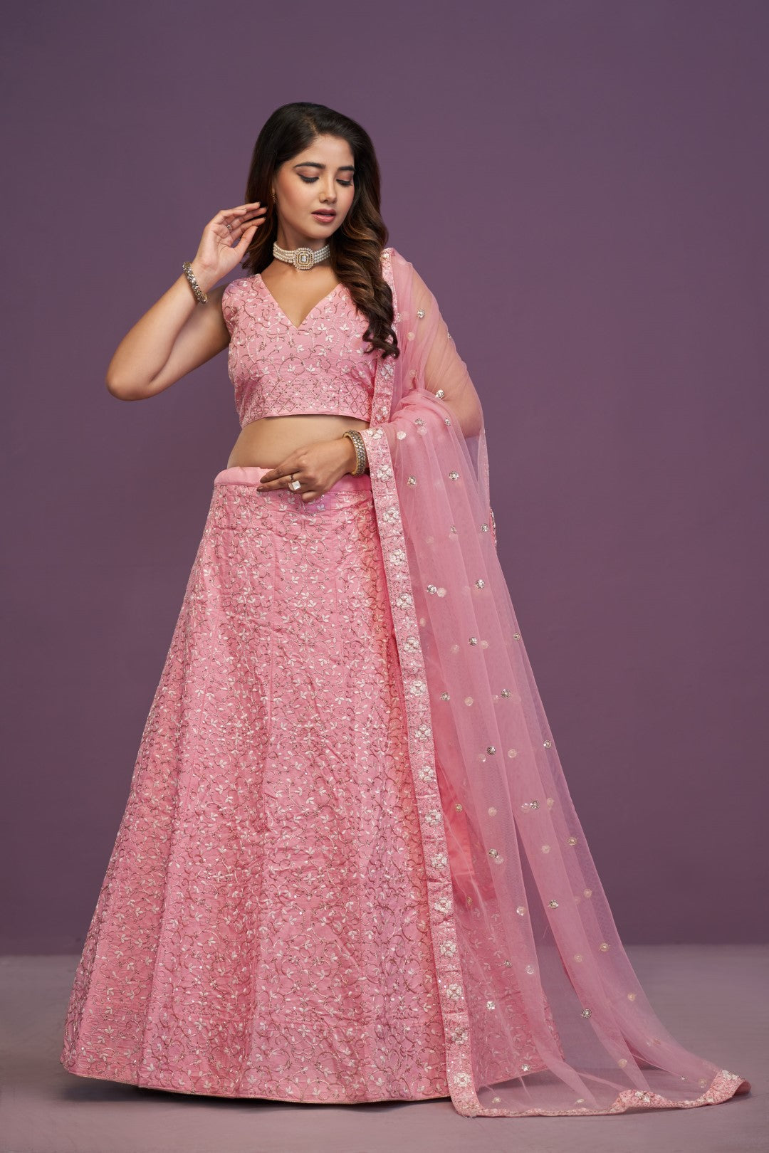 Women's Pink Silk Embroidered Lehenga Set - Jihu Culture