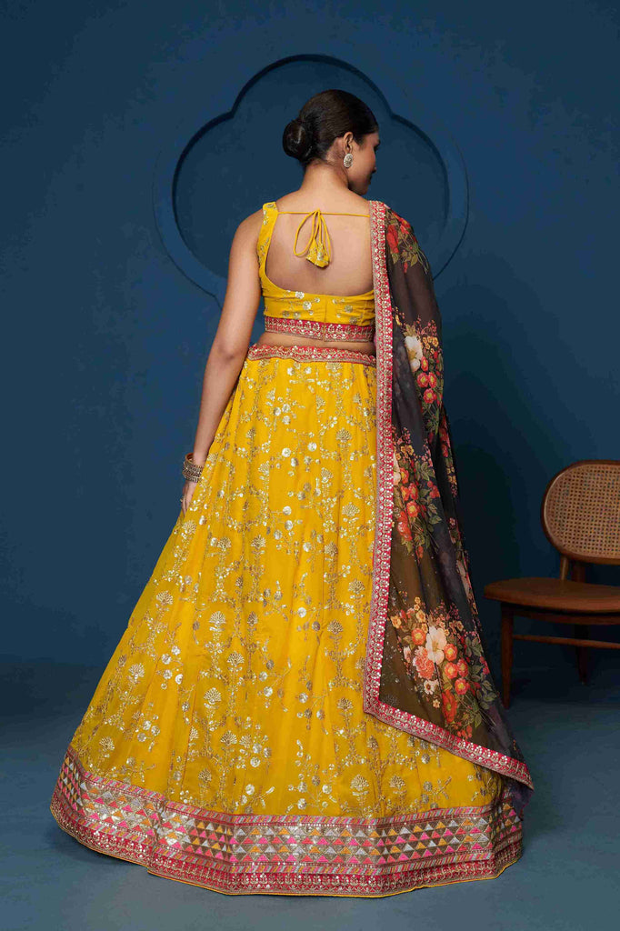 Women's Yellow Georgette Embroidered Lehenga Set