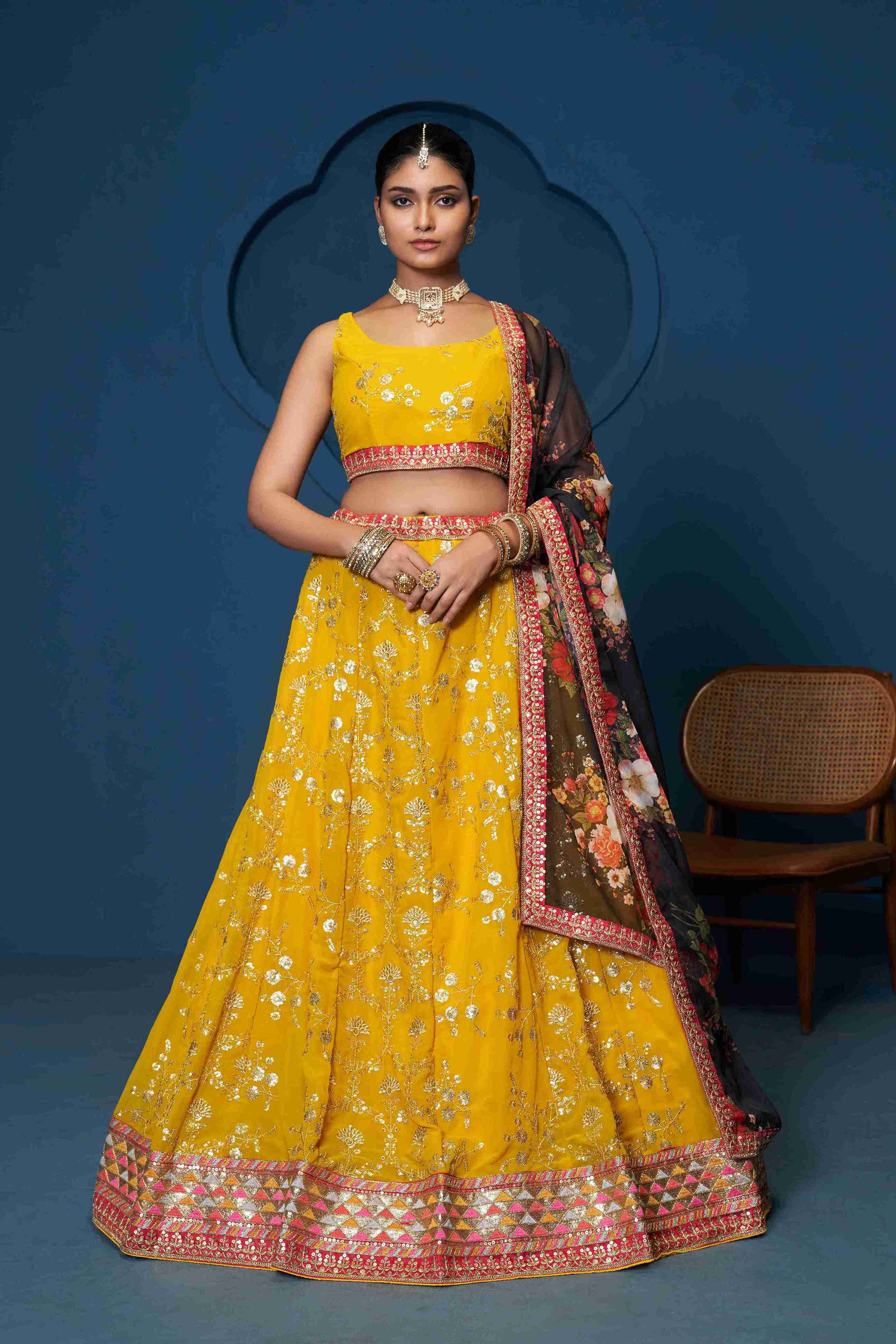 Women's Yellow Georgette Embroidered Lehenga Set - Jihu Culture