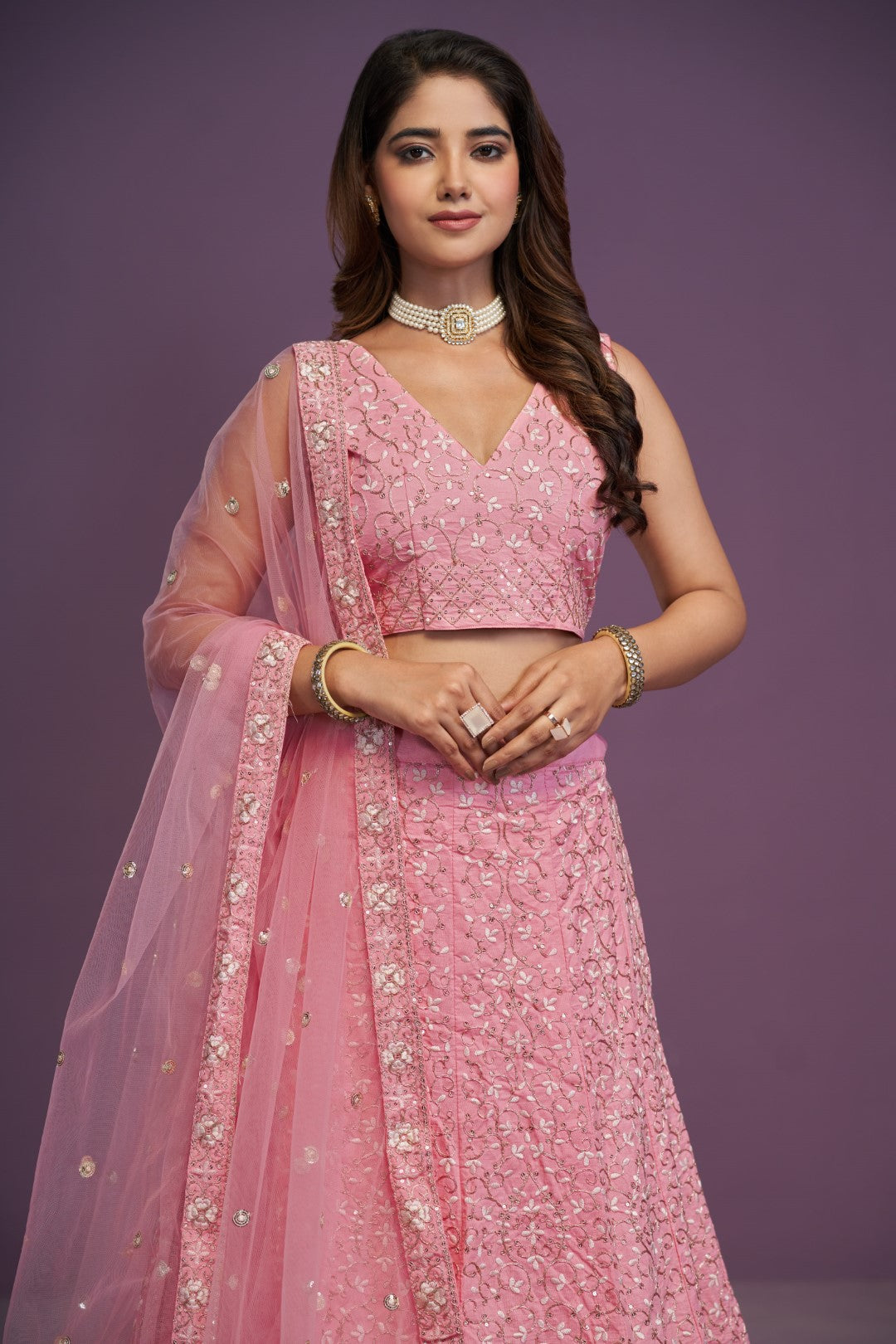 Women's Pink Silk Embroidered Lehenga Set - Jihu Culture