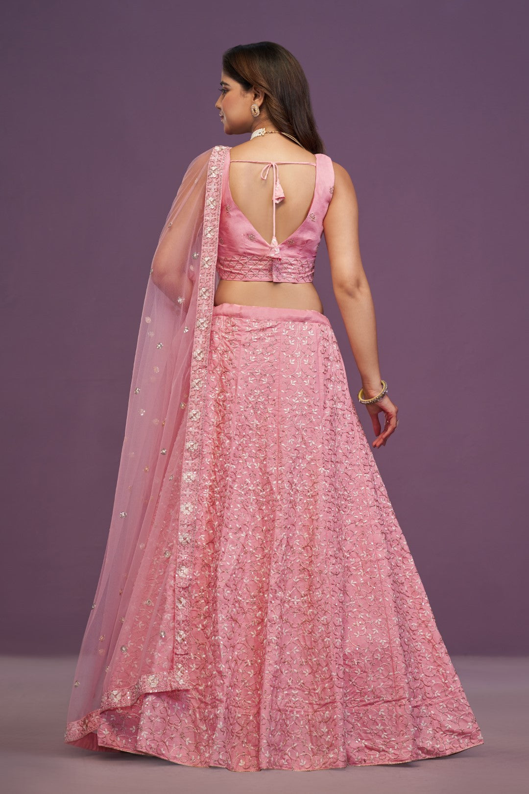 Women's Pink Silk Embroidered Lehenga Set - Jihu Culture