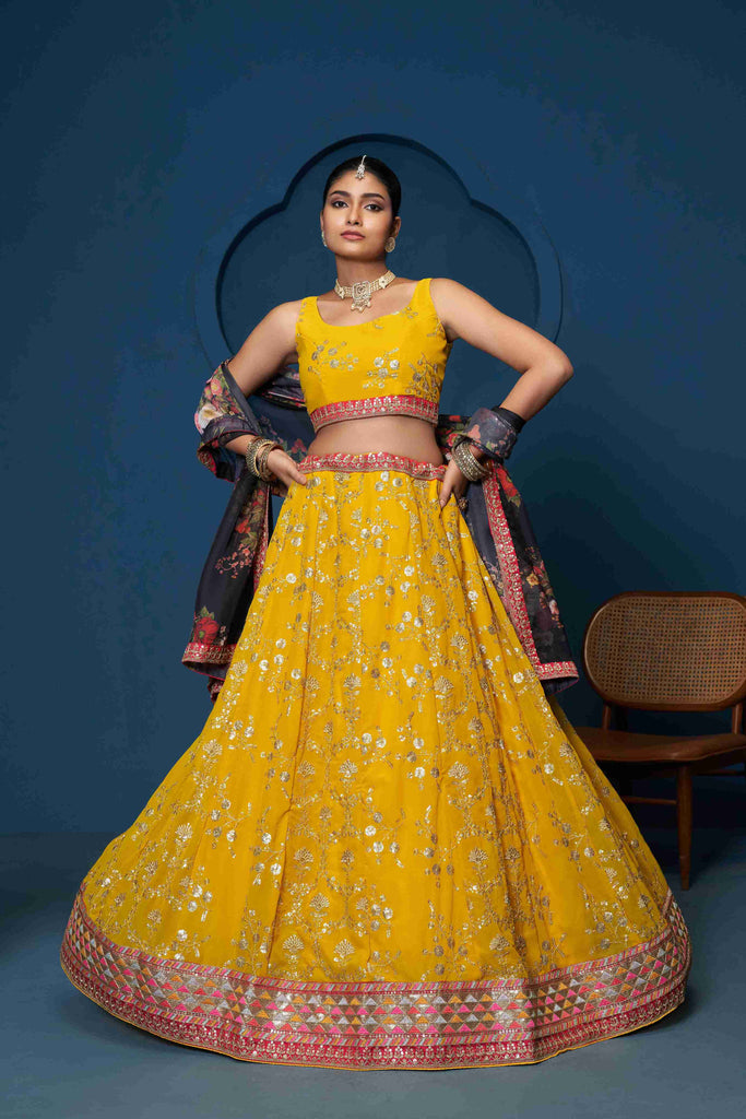 Women's Yellow Georgette Embroidered Lehenga Set