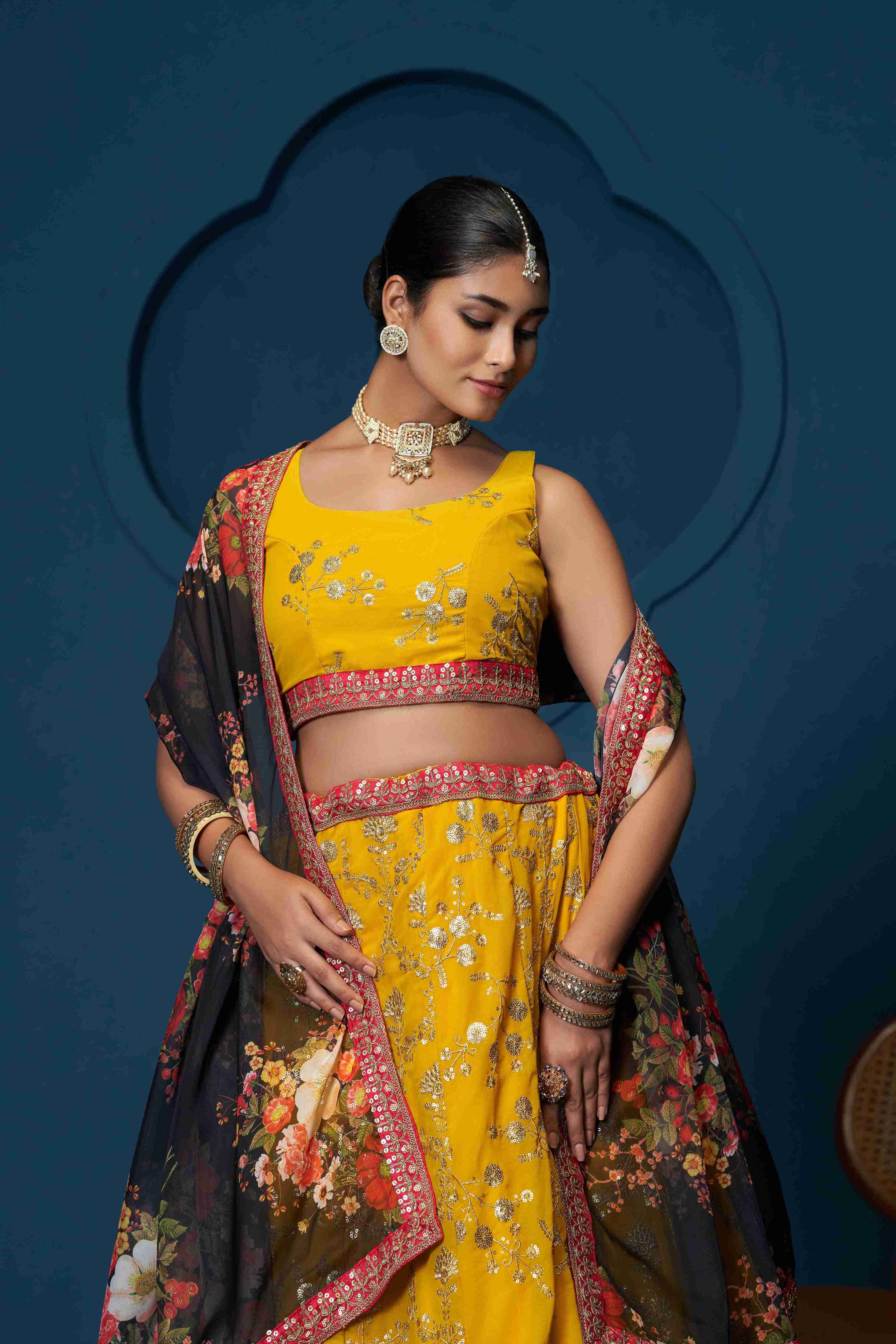 Women's Yellow Georgette Embroidered Lehenga Set - Jihu Culture