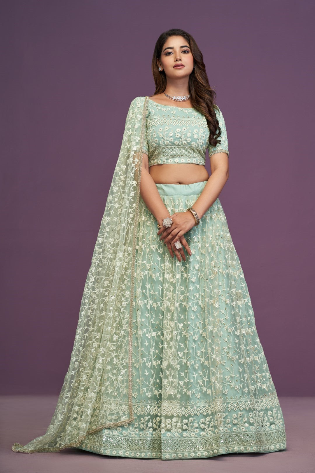 Women's Pista Green Soft Net Embroidered Lehenga Set - Jihu Culture