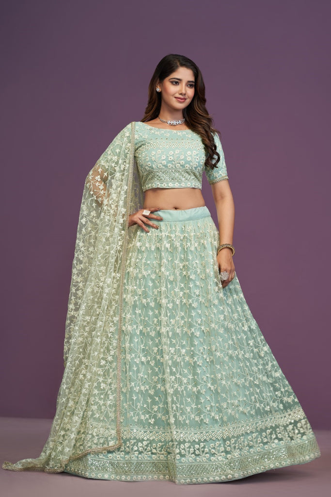 Women's Pista Green Soft Net Embroidered Lehenga Set