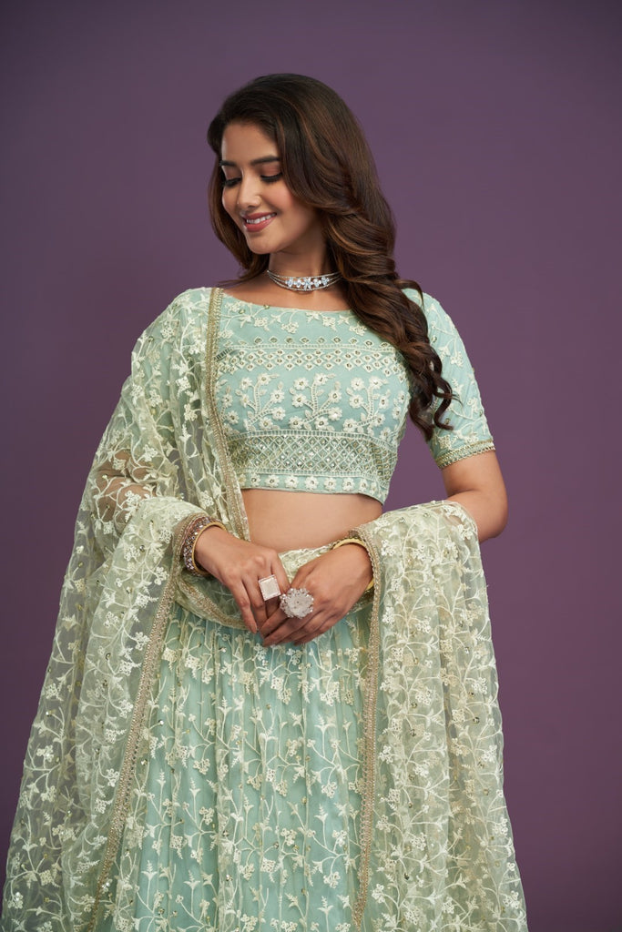 Women's Pista Green Soft Net Embroidered Lehenga Set