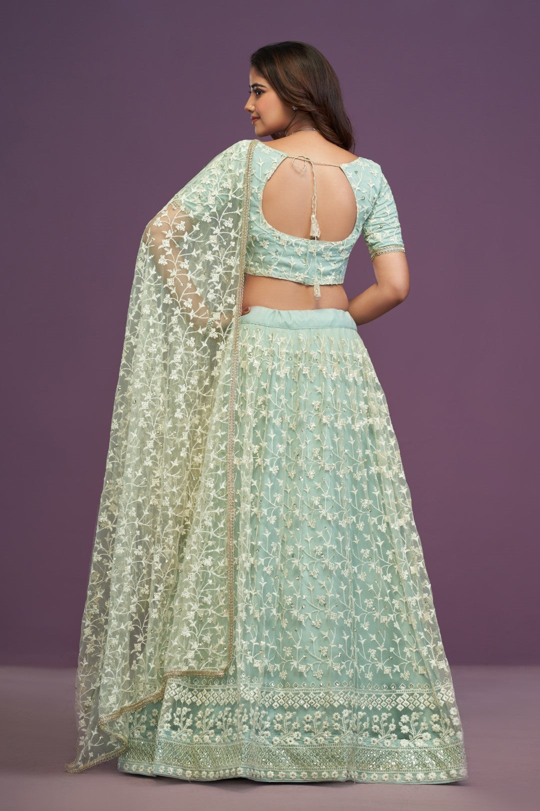 Women's Pista Green Soft Net Embroidered Lehenga Set - Jihu Culture