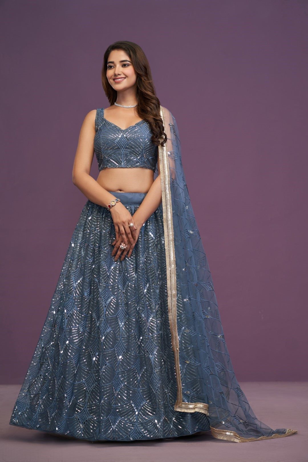 Women's Blue Soft Net Embroidered Lehenga Set - Jihu Culture