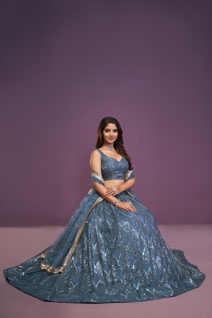 Women's Blue Soft Net Embroidered Lehenga Set
