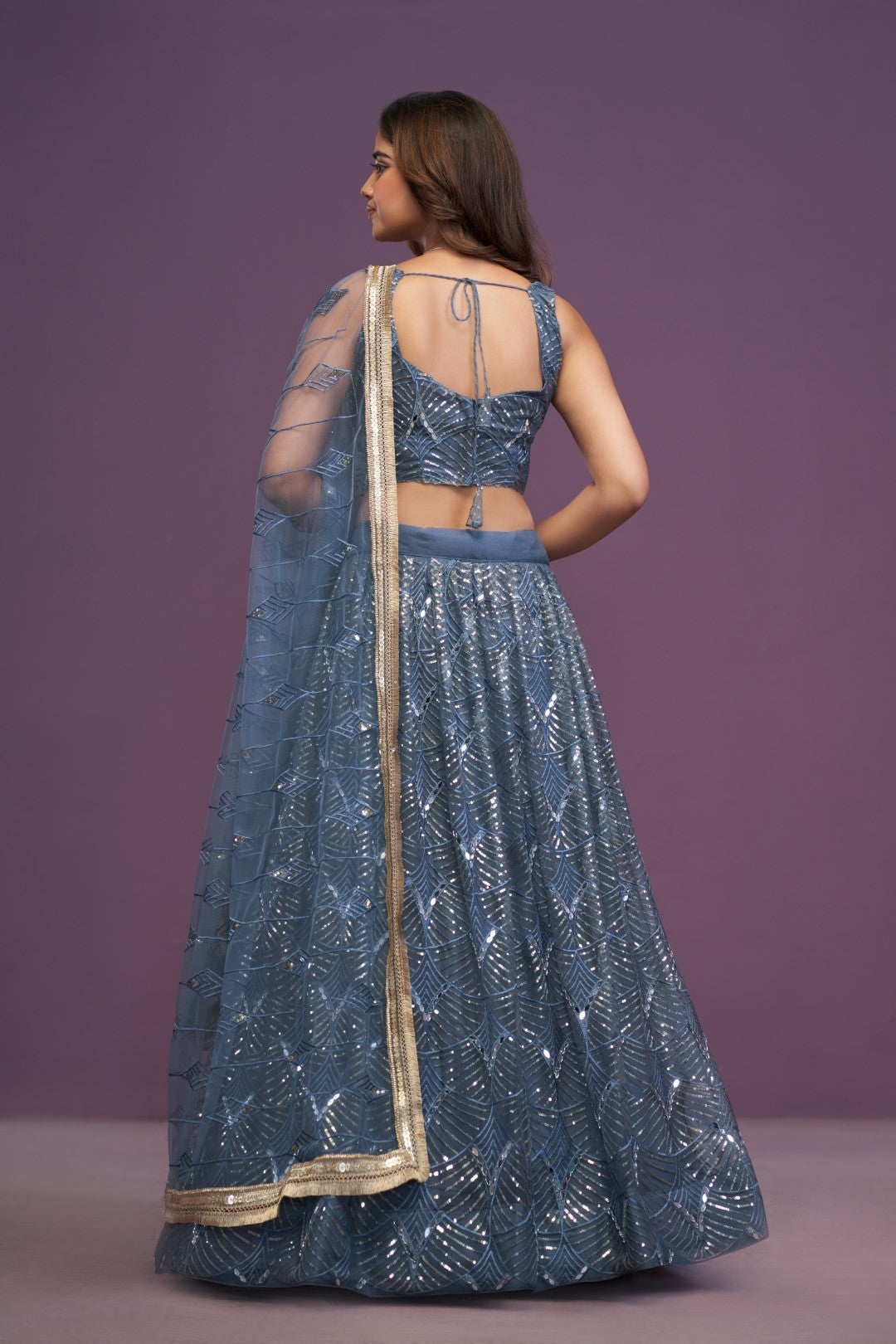 Women's Blue Soft Net Embroidered Lehenga Set - Jihu Culture