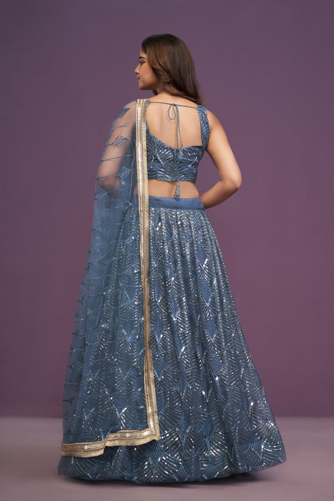 Women's Blue Soft Net Embroidered Lehenga Set