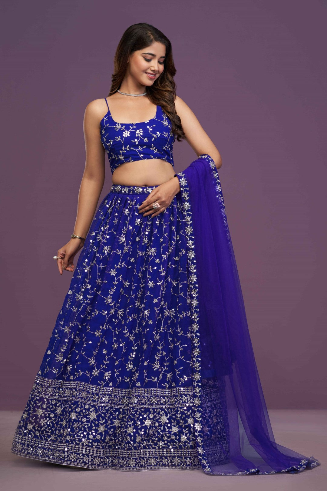 Women's Blue Georgette Embroidered Lehenga Set - Jihu Culture