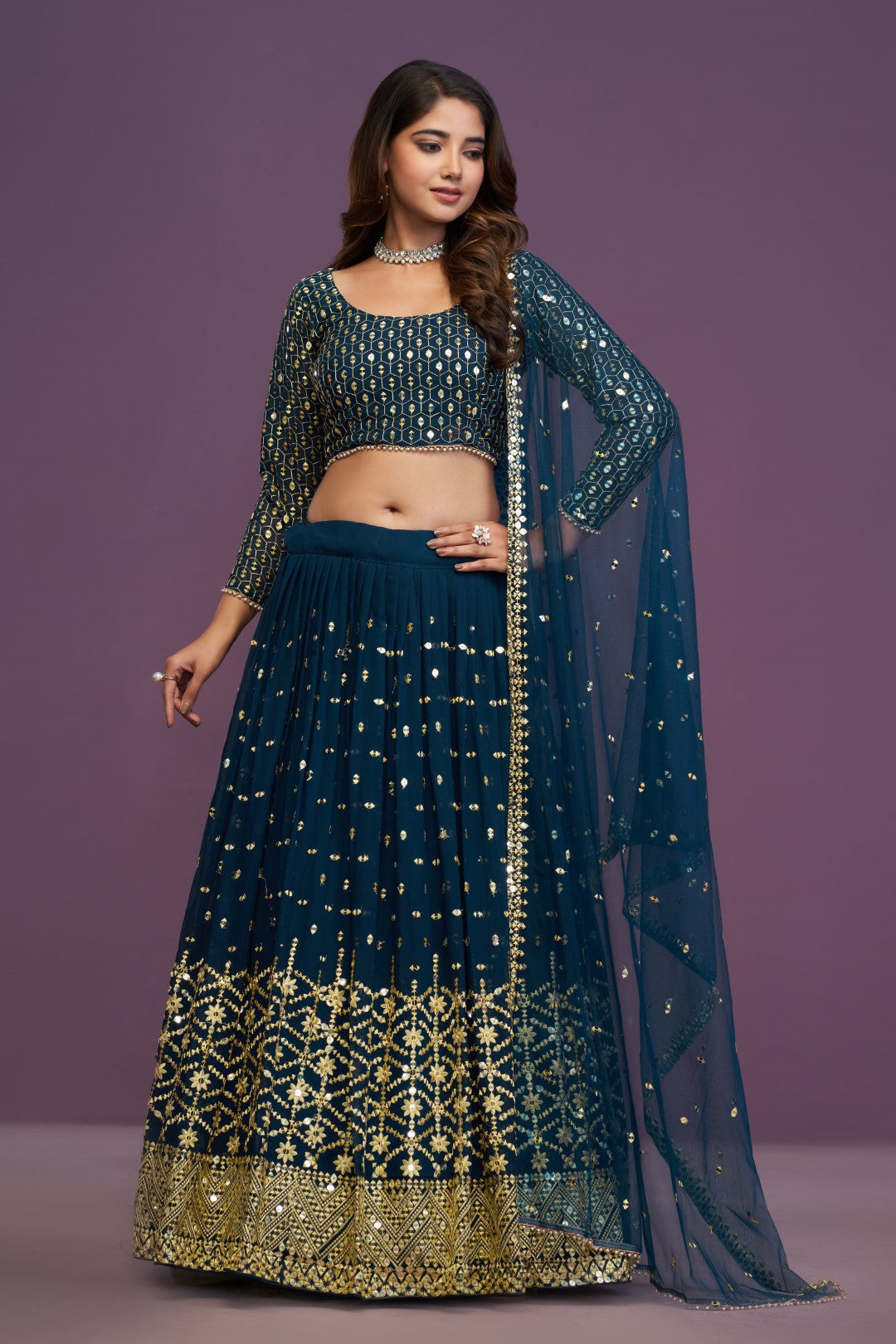 Women's Teal Blue Georgette Embroidered Lehenga Set - Jihu Culture