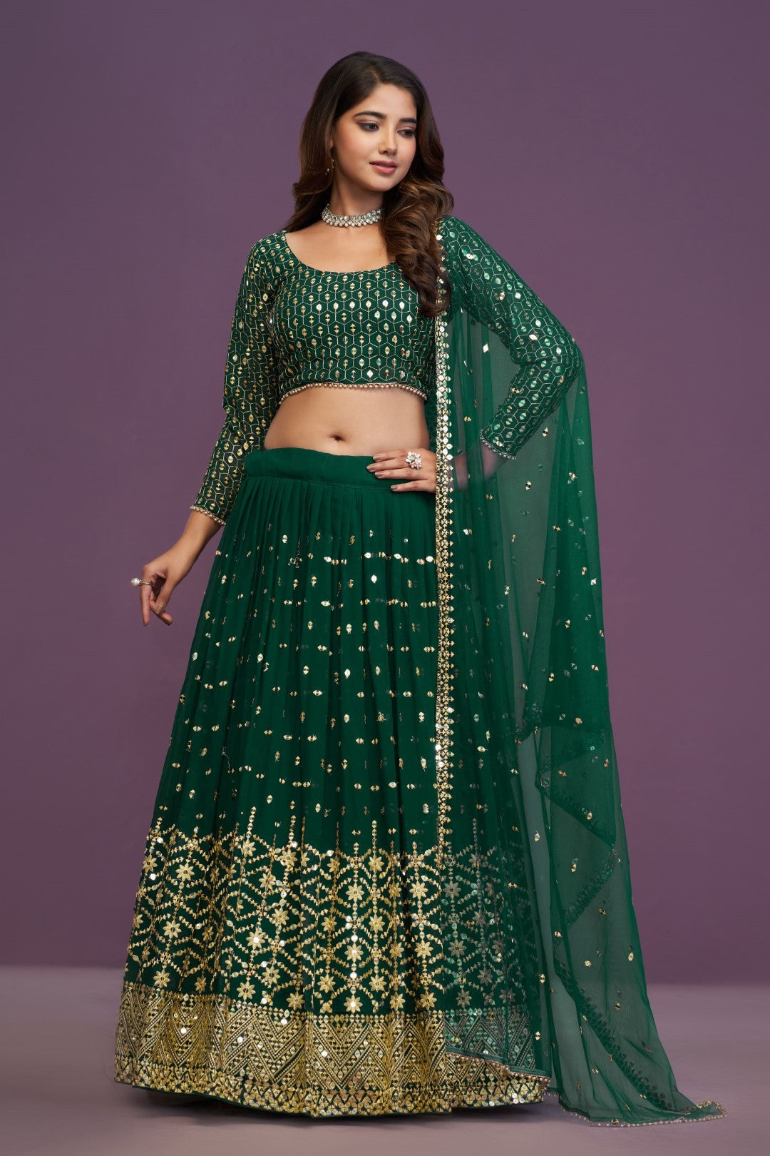 Women's Green Georgette Embroidered Lehenga Set - Jihu Culture