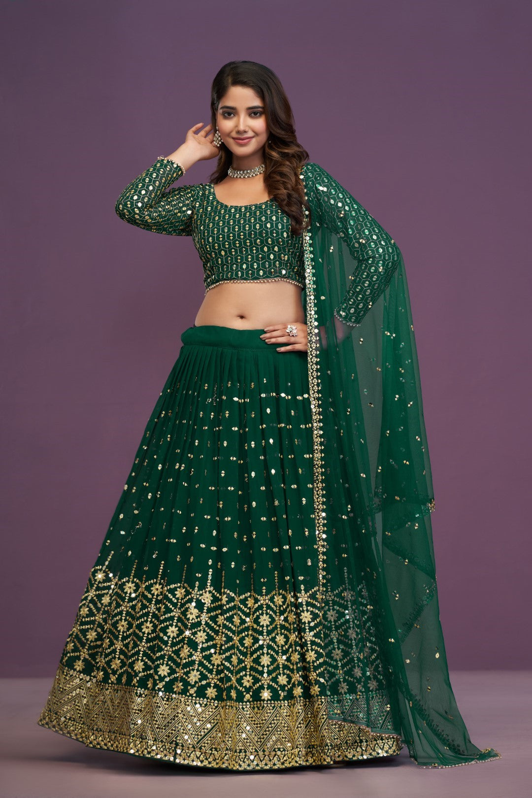 Women's Green Georgette Embroidered Lehenga Set - Jihu Culture