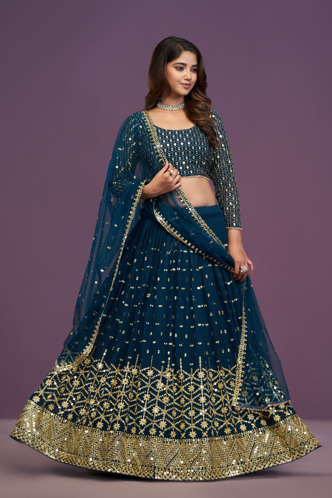 Women's Teal Blue Georgette Embroidered Lehenga Set - Jihu Culture