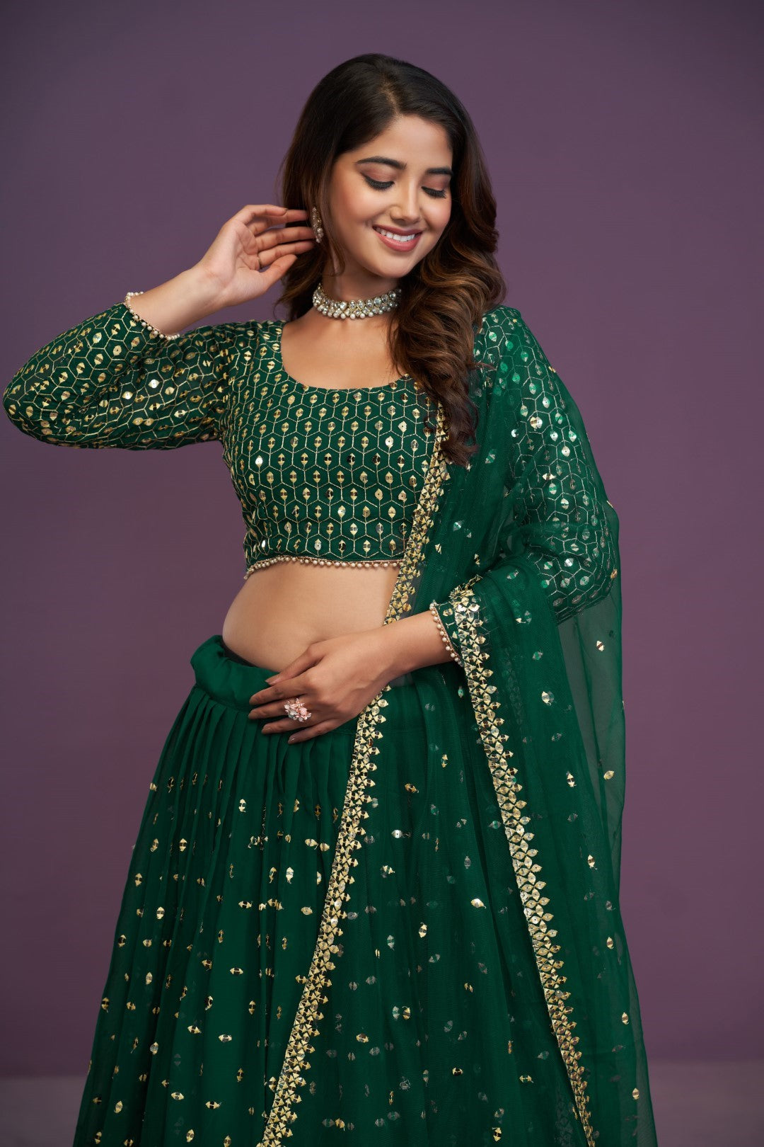 Women's Green Georgette Embroidered Lehenga Set - Jihu Culture