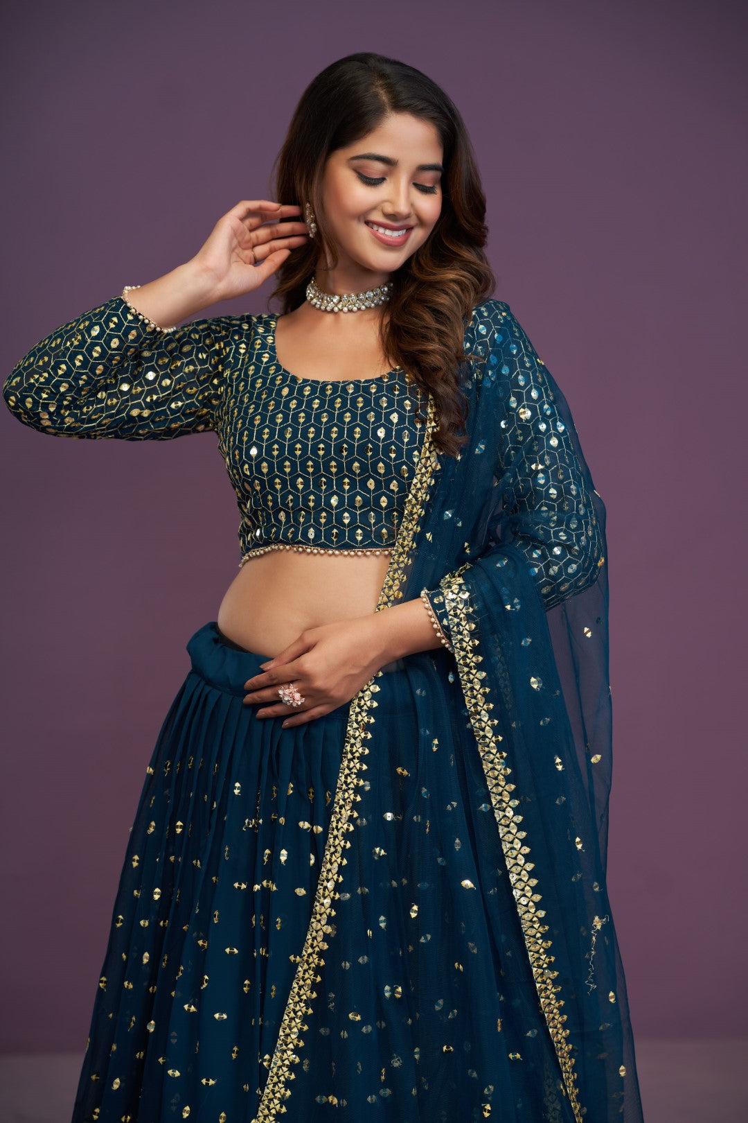 Women's Teal Blue Georgette Embroidered Lehenga Set - Jihu Culture