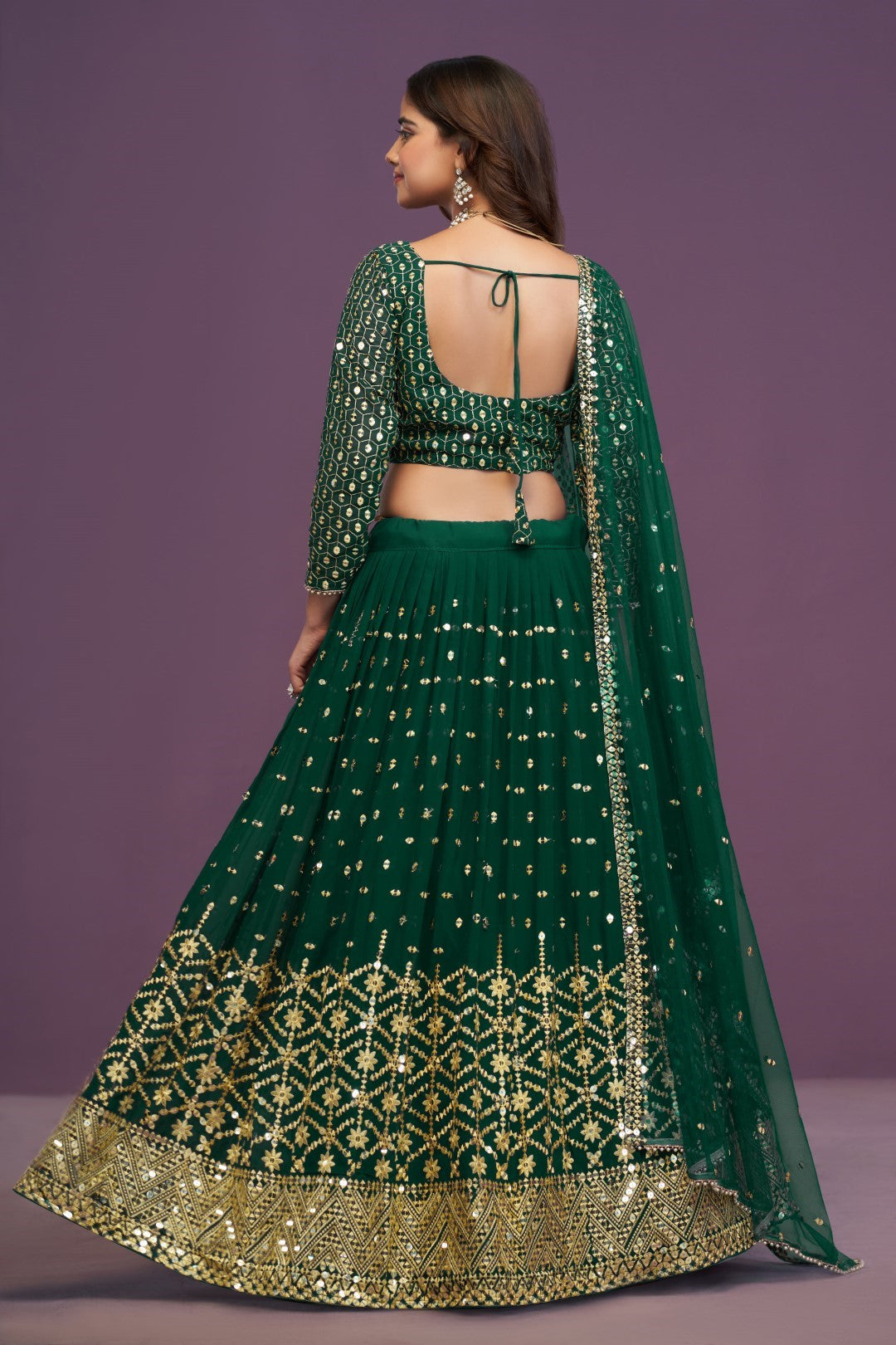 Women's Green Georgette Embroidered Lehenga Set - Jihu Culture