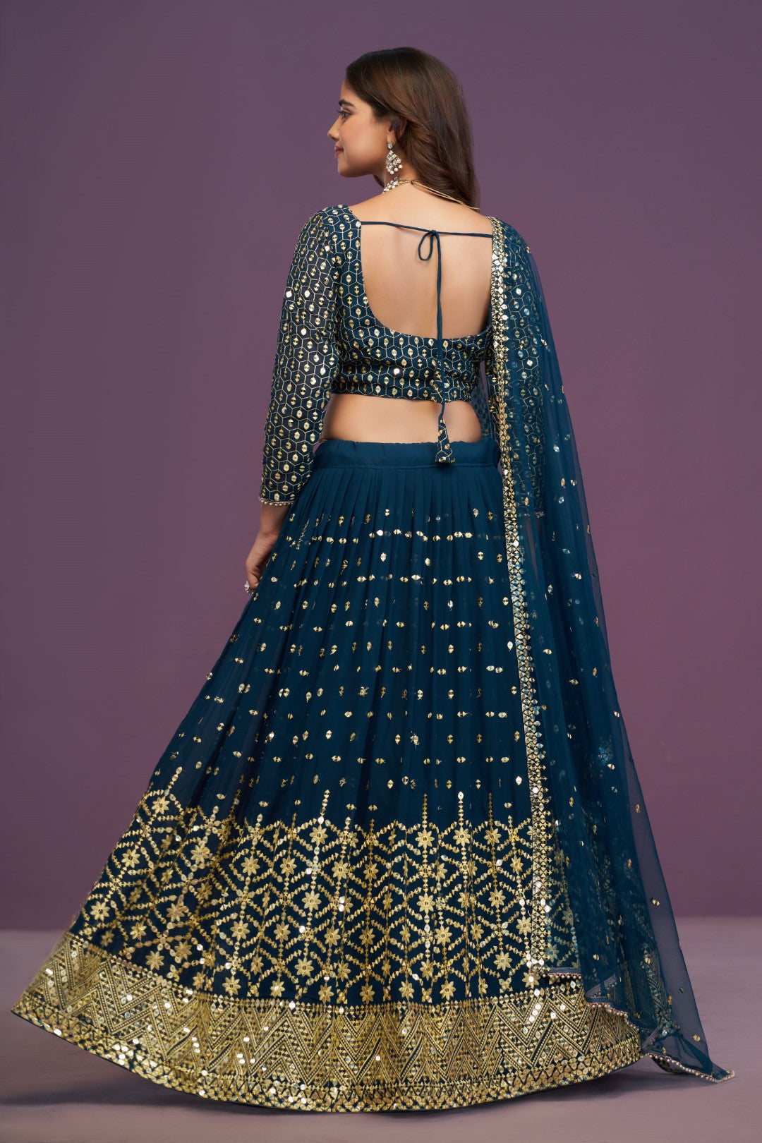 Women's Teal Blue Georgette Embroidered Lehenga Set - Jihu Culture