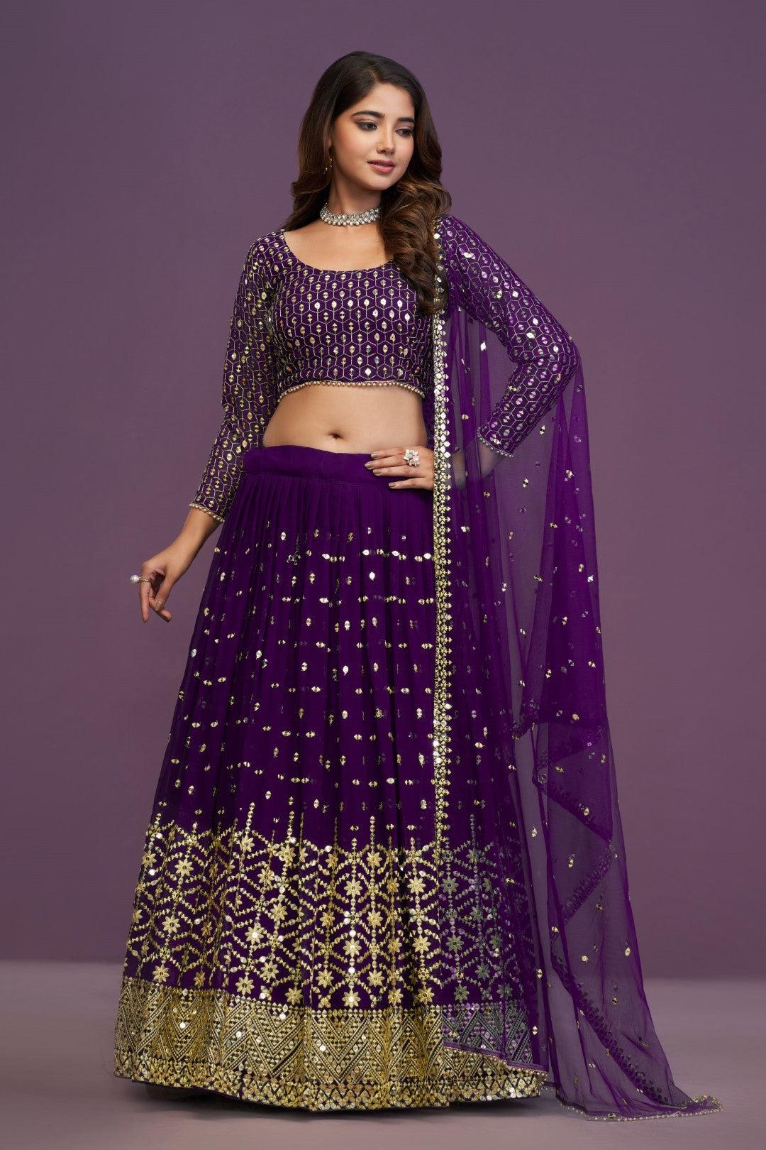 Women's Purple Georgette Embroidered Lehenga Set - Jihu Culture