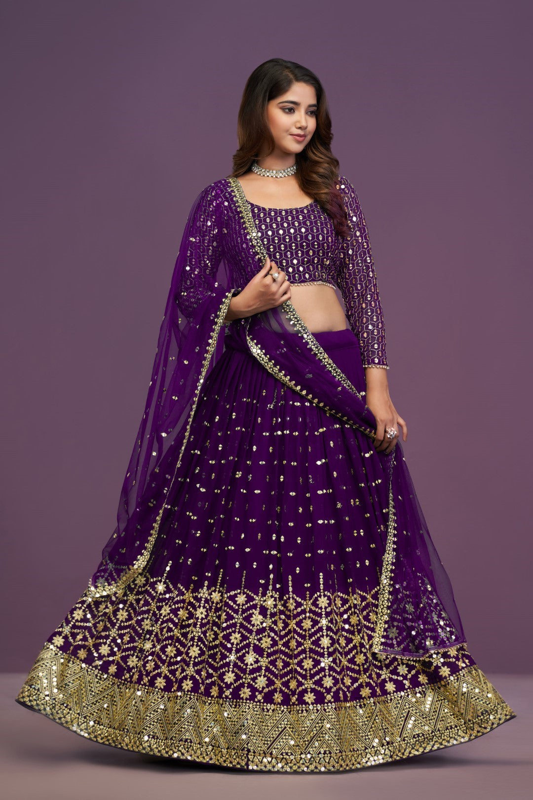 Women's Purple Georgette Embroidered Lehenga Set - Jihu Culture