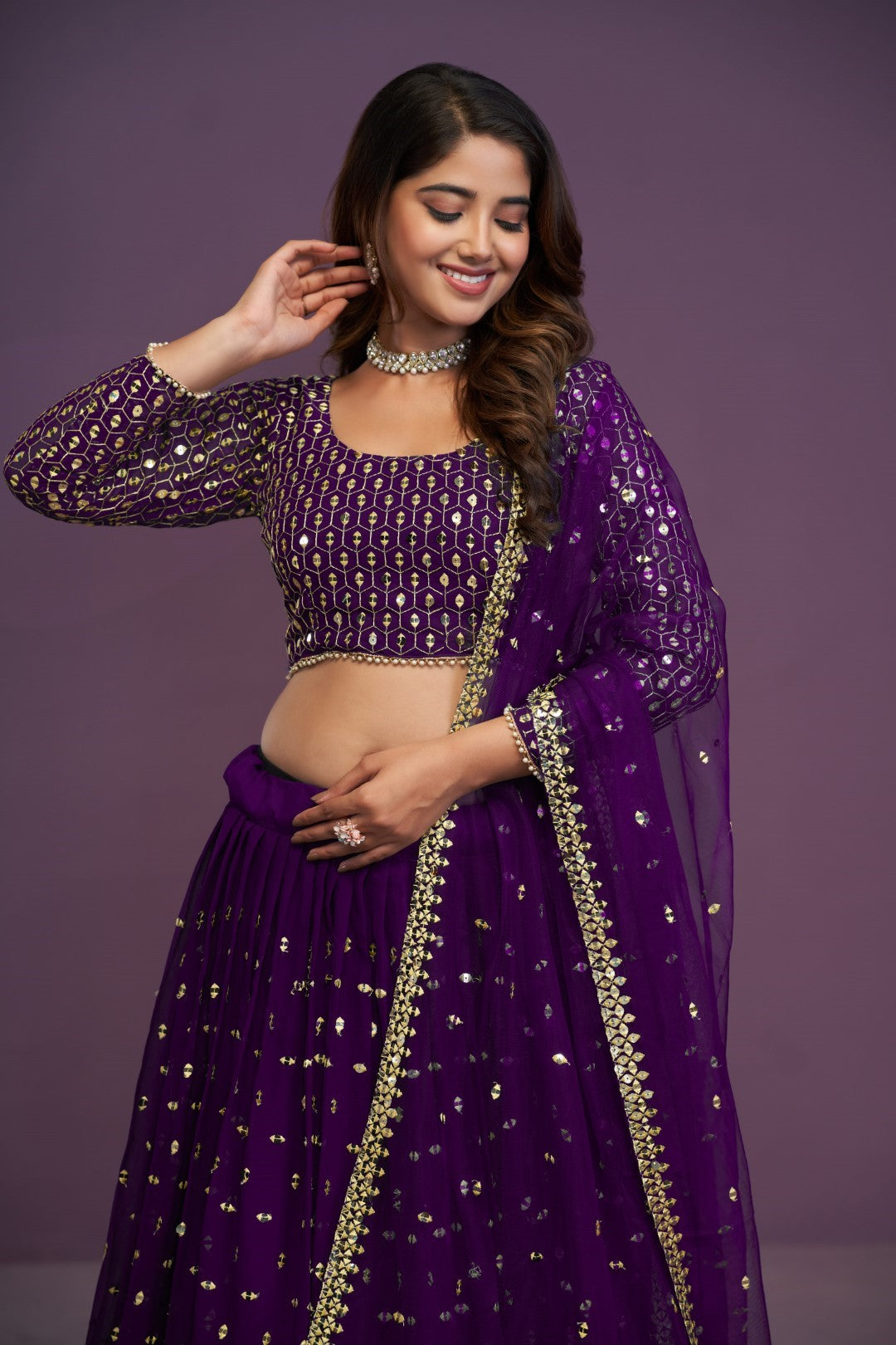 Women's Purple Georgette Embroidered Lehenga Set - Jihu Culture