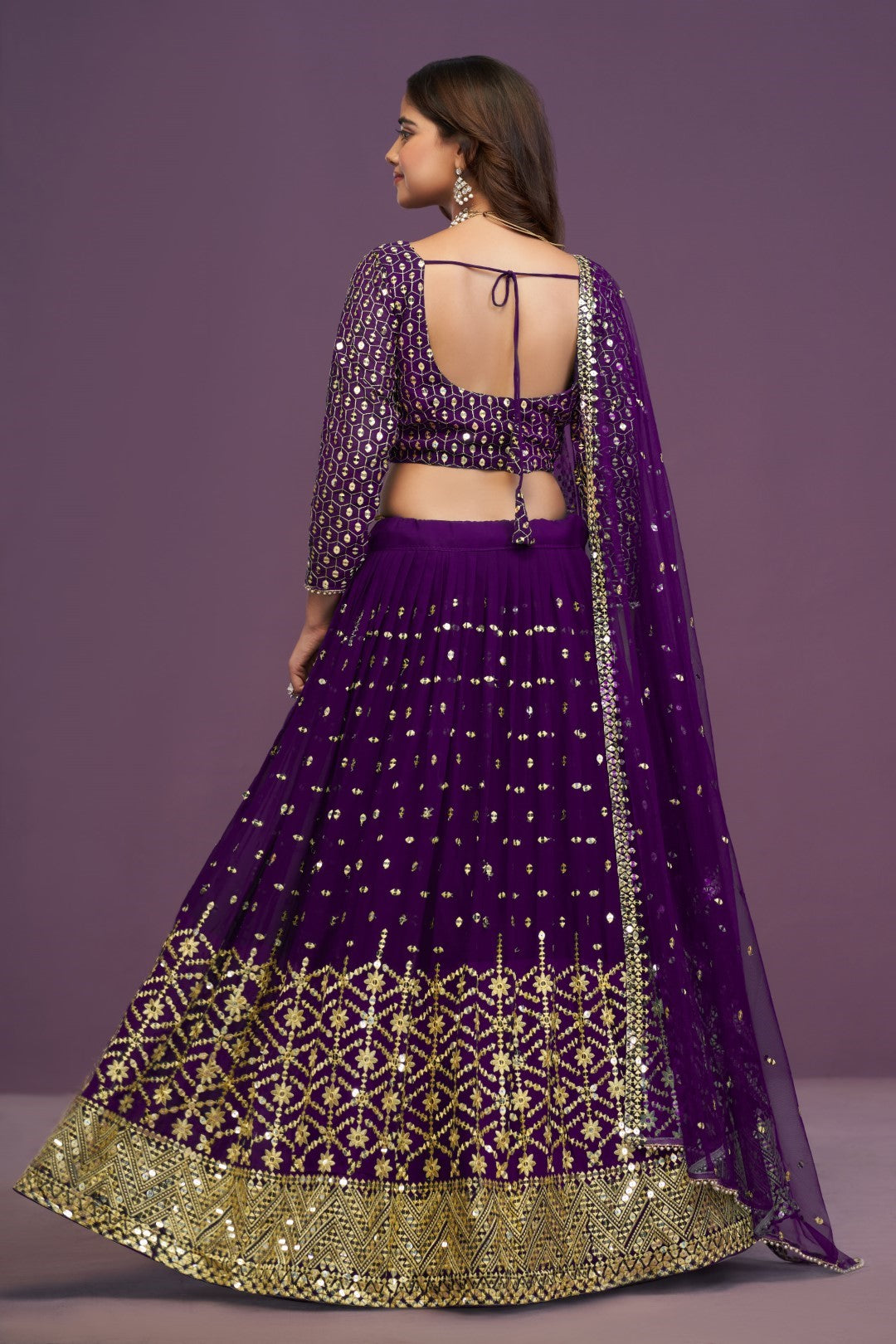 Women's Purple Georgette Embroidered Lehenga Set - Jihu Culture