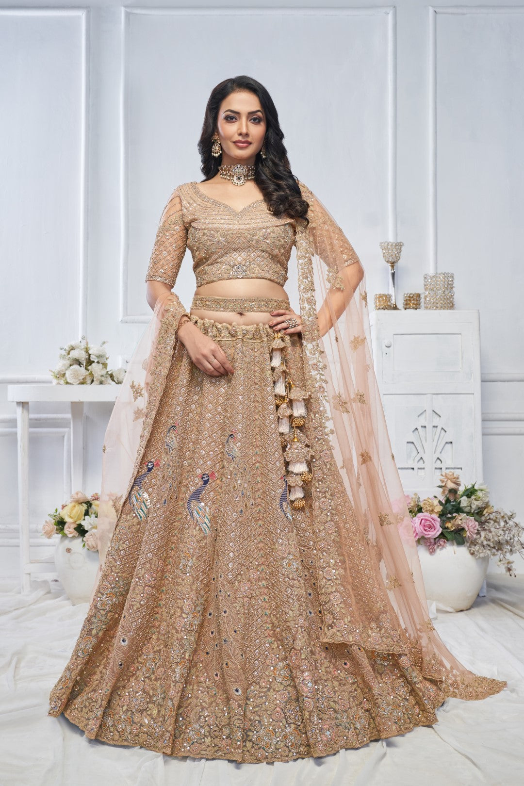 Women's Mustard Soft Net Embroidery Lehenga Set - Kesar Fab