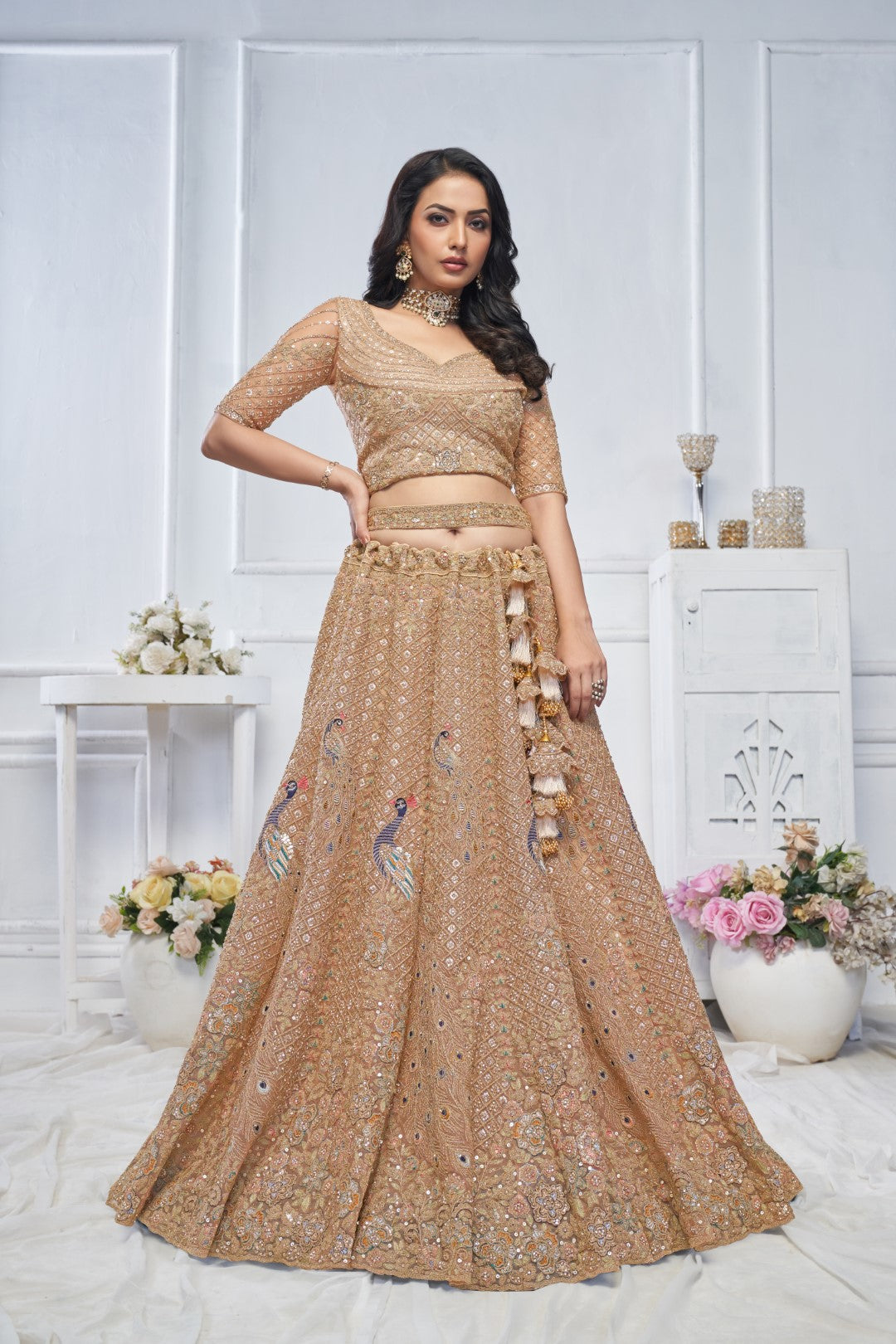 Women's Mustard Soft Net Embroidery Lehenga Set - Kesar Fab