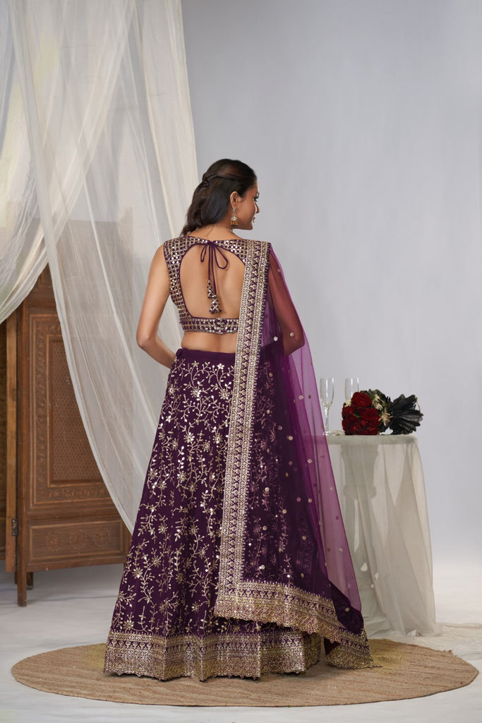 Women's Purple Georgette Embroidered Lehenga Set