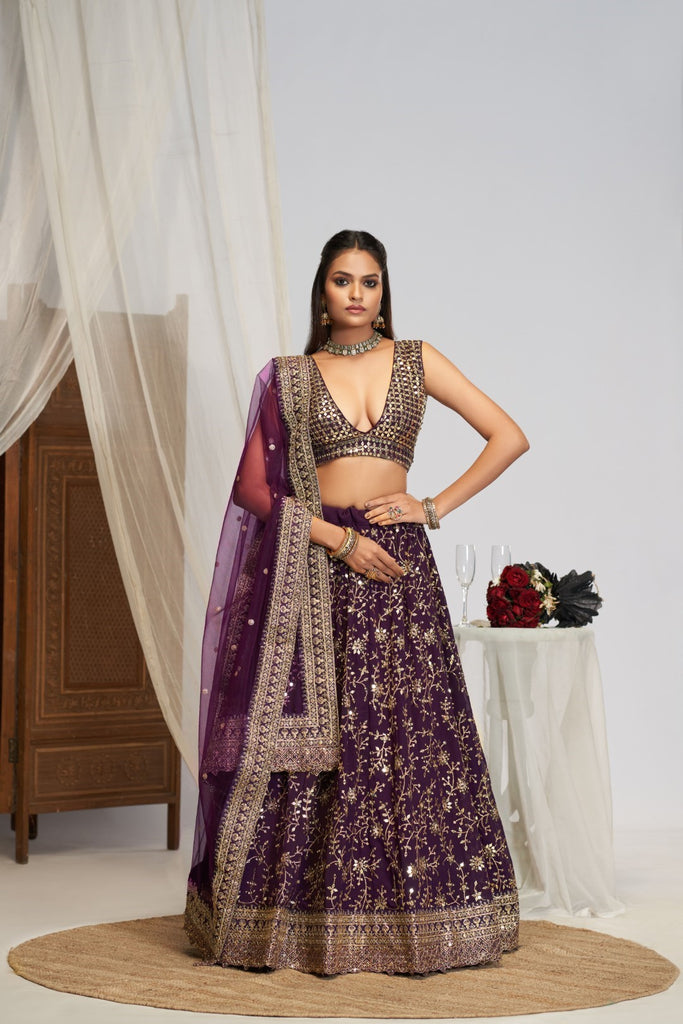 Women's Purple Georgette Embroidered Lehenga Set