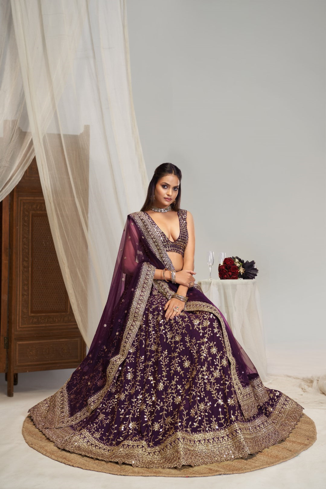 Women's Purple Georgette Embroidered Lehenga Set - Jihu Culture