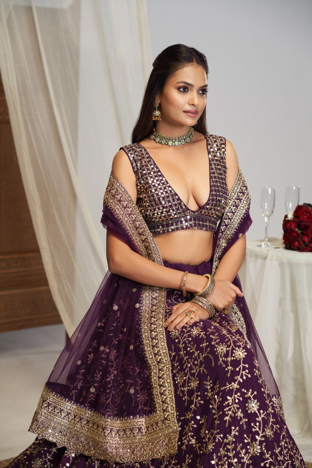 Women's Purple Georgette Embroidered Lehenga Set - Jihu Culture