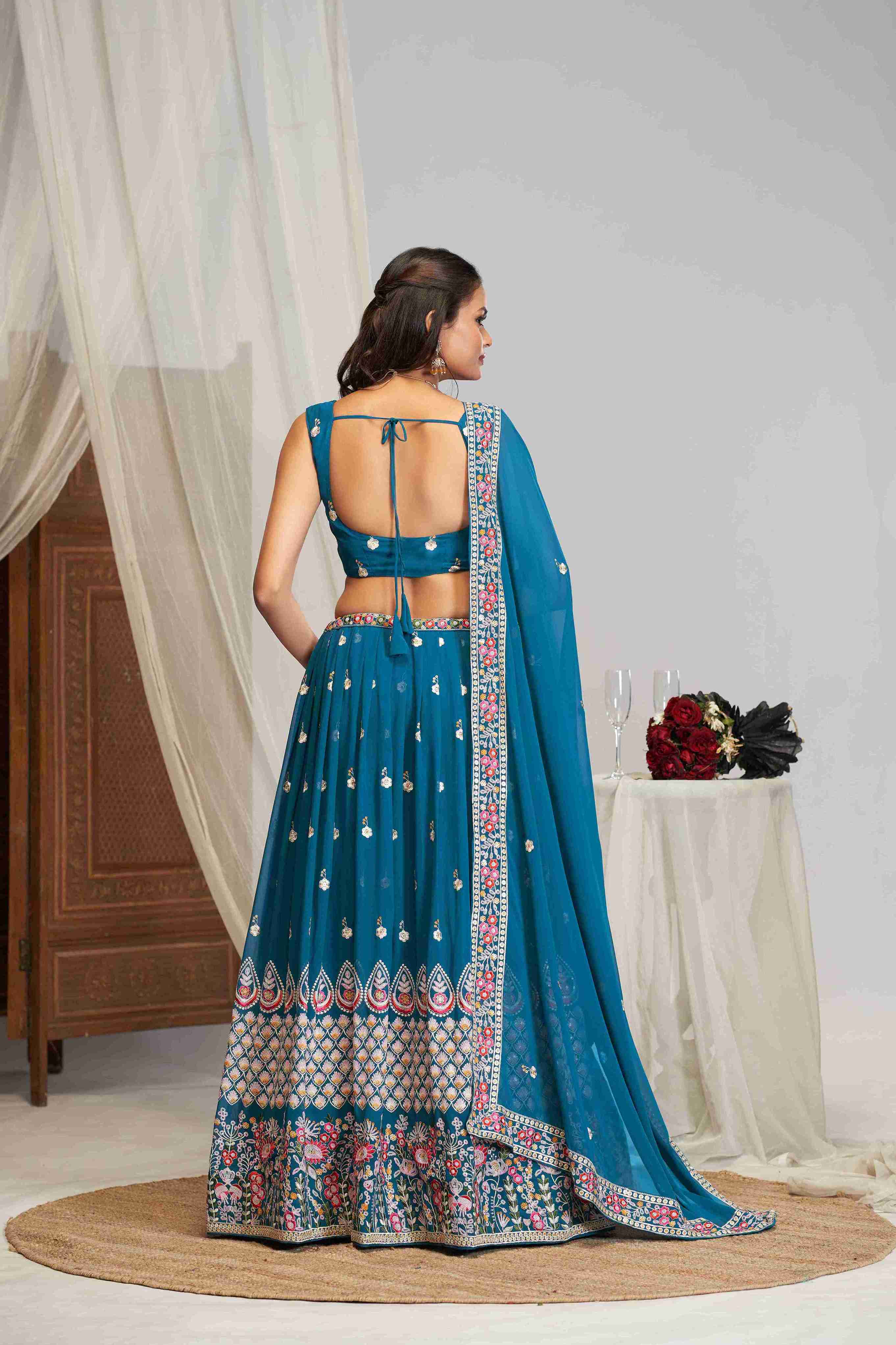 Women's Teal Blue Georgette Embroidered Lehenga Set - Jihu Culture