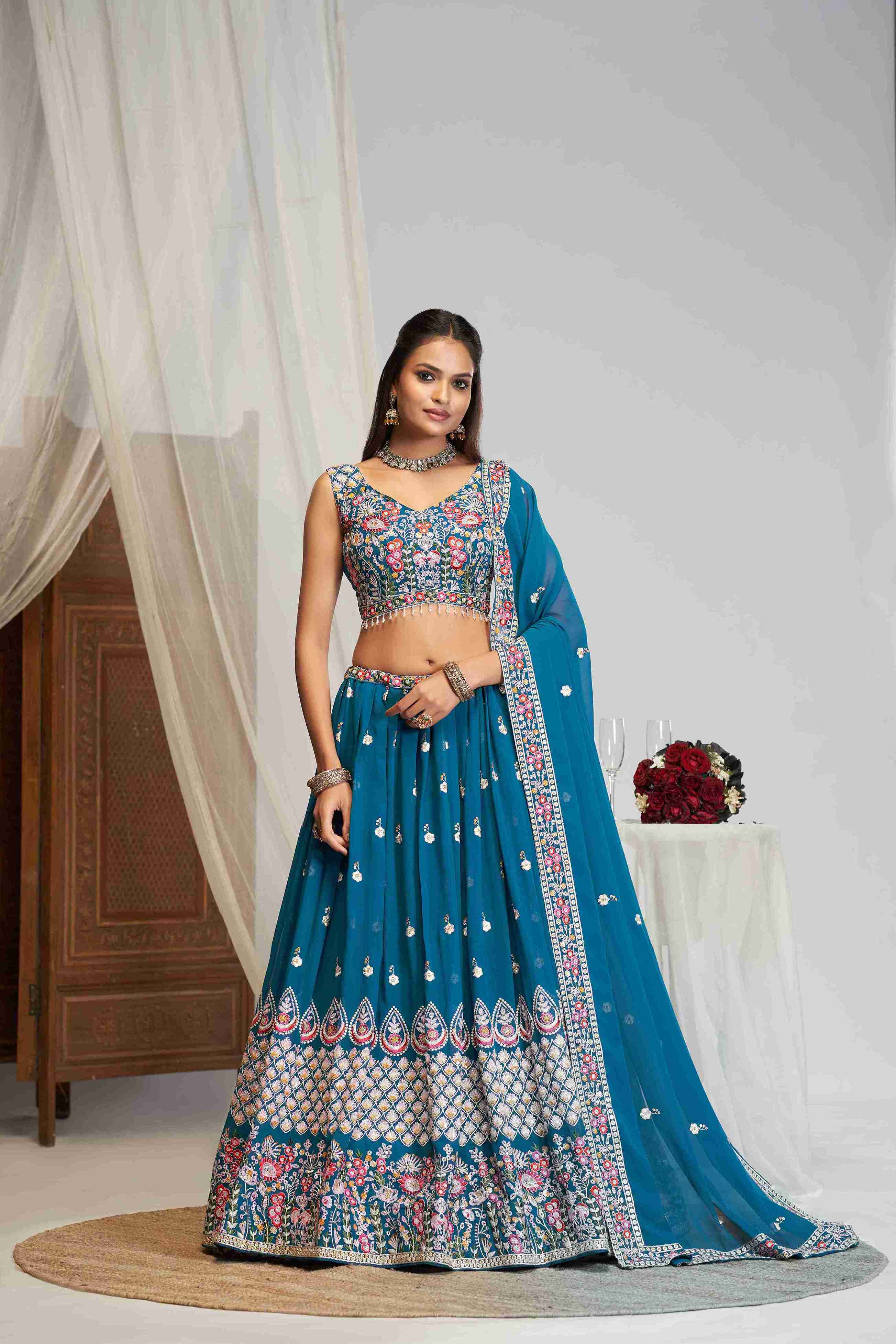 Women's Teal Blue Georgette Embroidered Lehenga Set - Jihu Culture