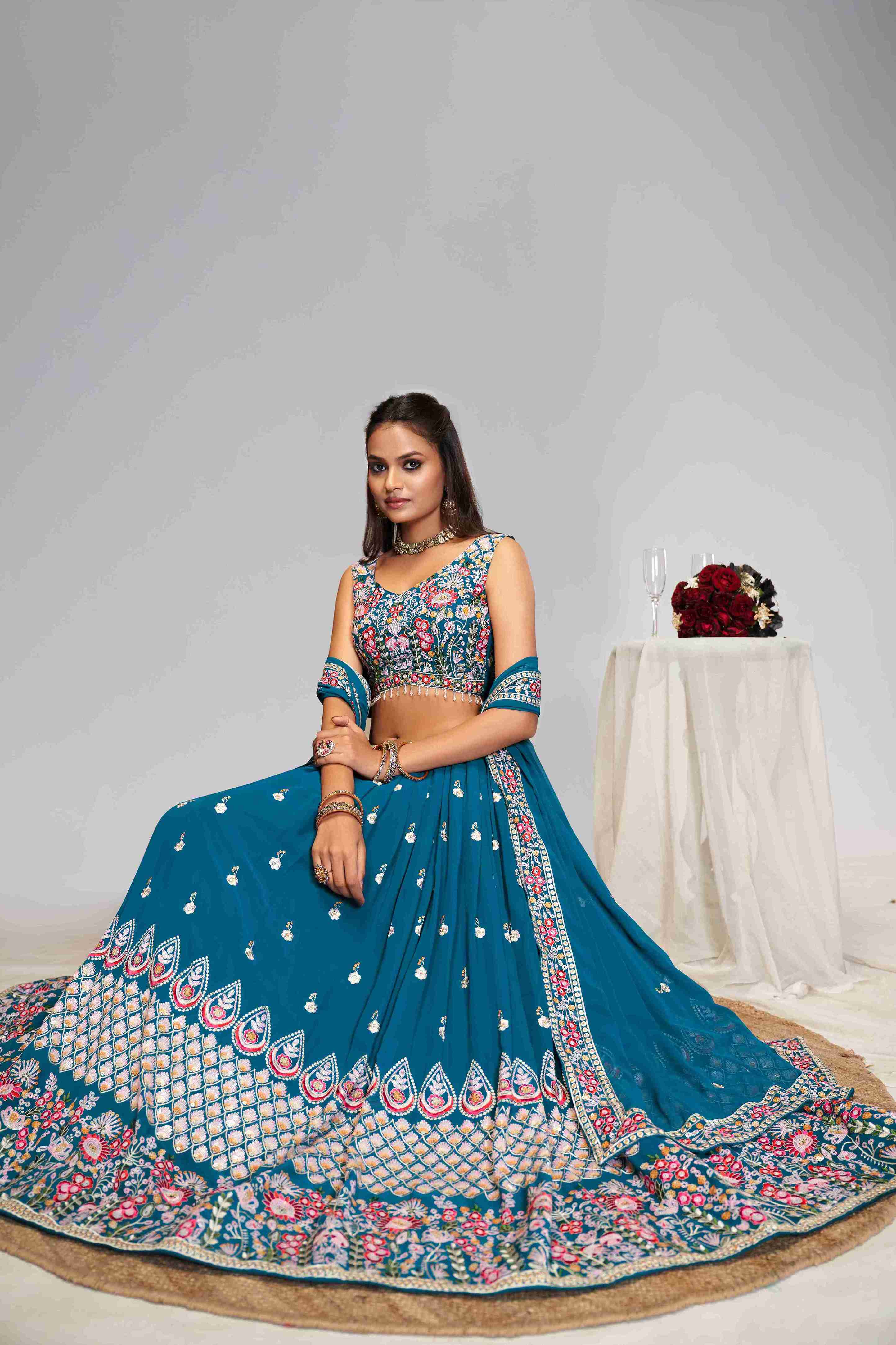 Women's Teal Blue Georgette Embroidered Lehenga Set - Jihu Culture