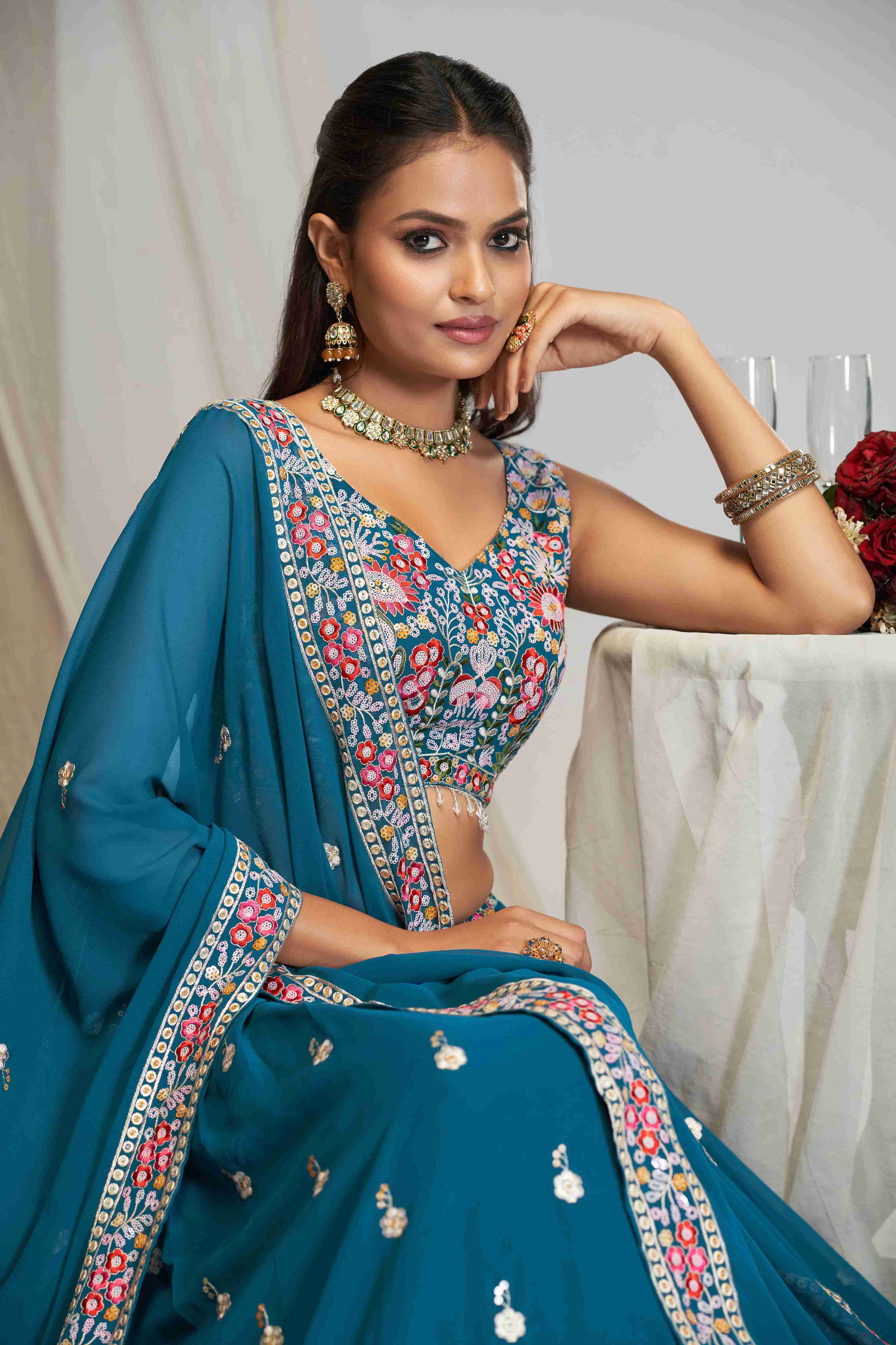 Women's Teal Blue Georgette Embroidered Lehenga Set - Jihu Culture